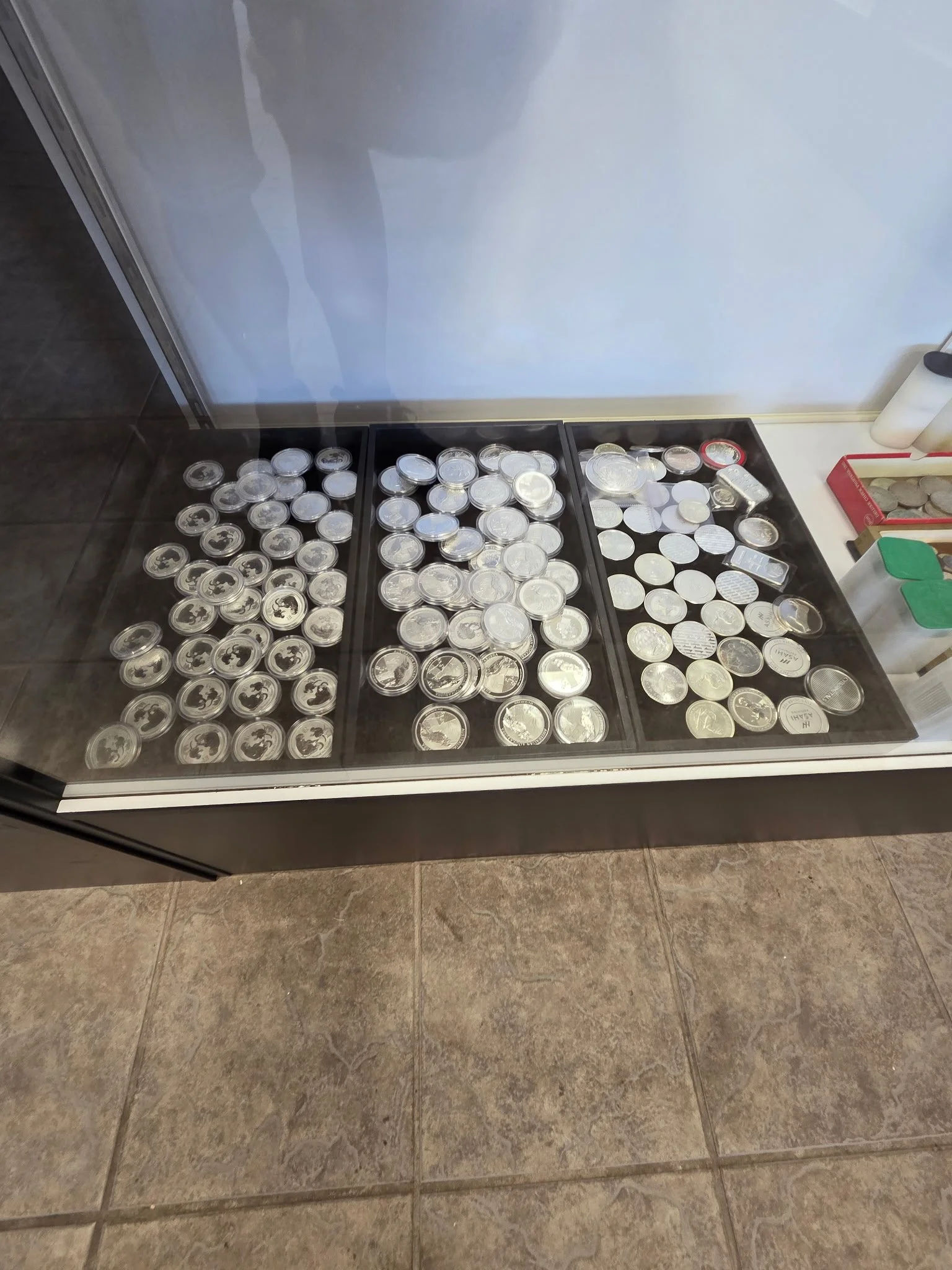 A display case with various coins, including silver-colored coins and others with different designs, arranged in rows.