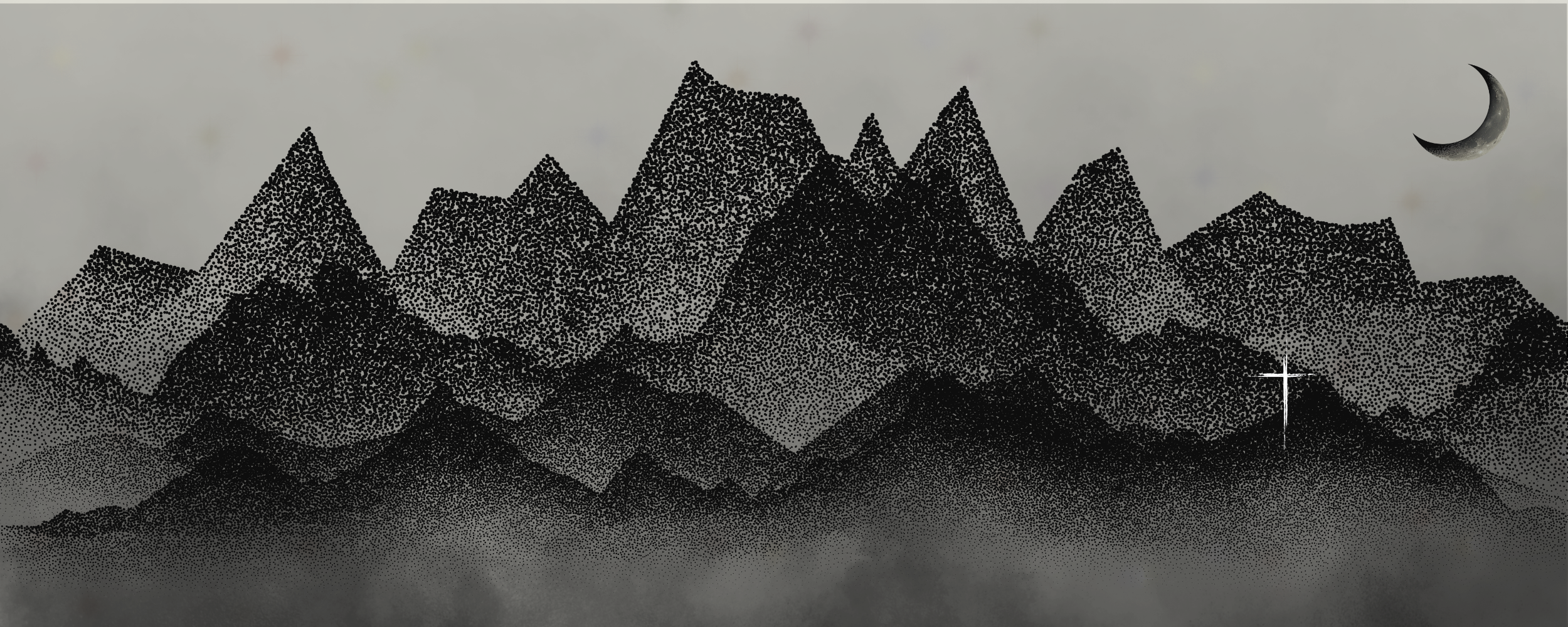 A black and white pointillism artwork depicting mountain peaks with a crescent moon in the sky.