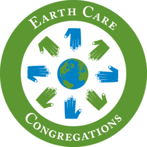 Earth surrounded by blue and green hands forming a circle with the text Earth Care Congregations around it.