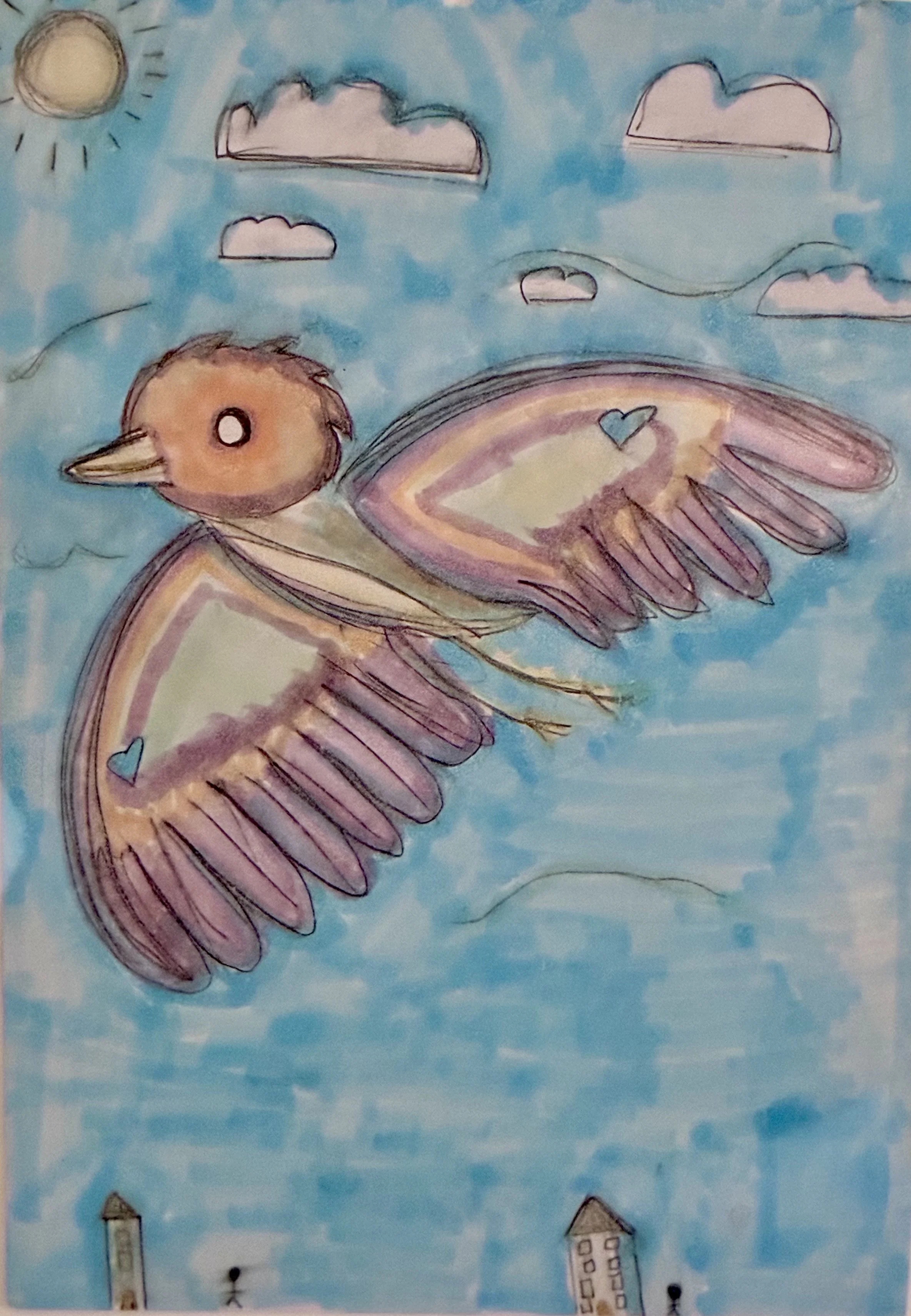 A child's drawing of a sky scene features a yellow sun with black rays, several pink and gray clouds, and a large bird with a beige body, pink wings, and a small heart shape on the chest, flying above small simple houses with triangular roofs, in a b