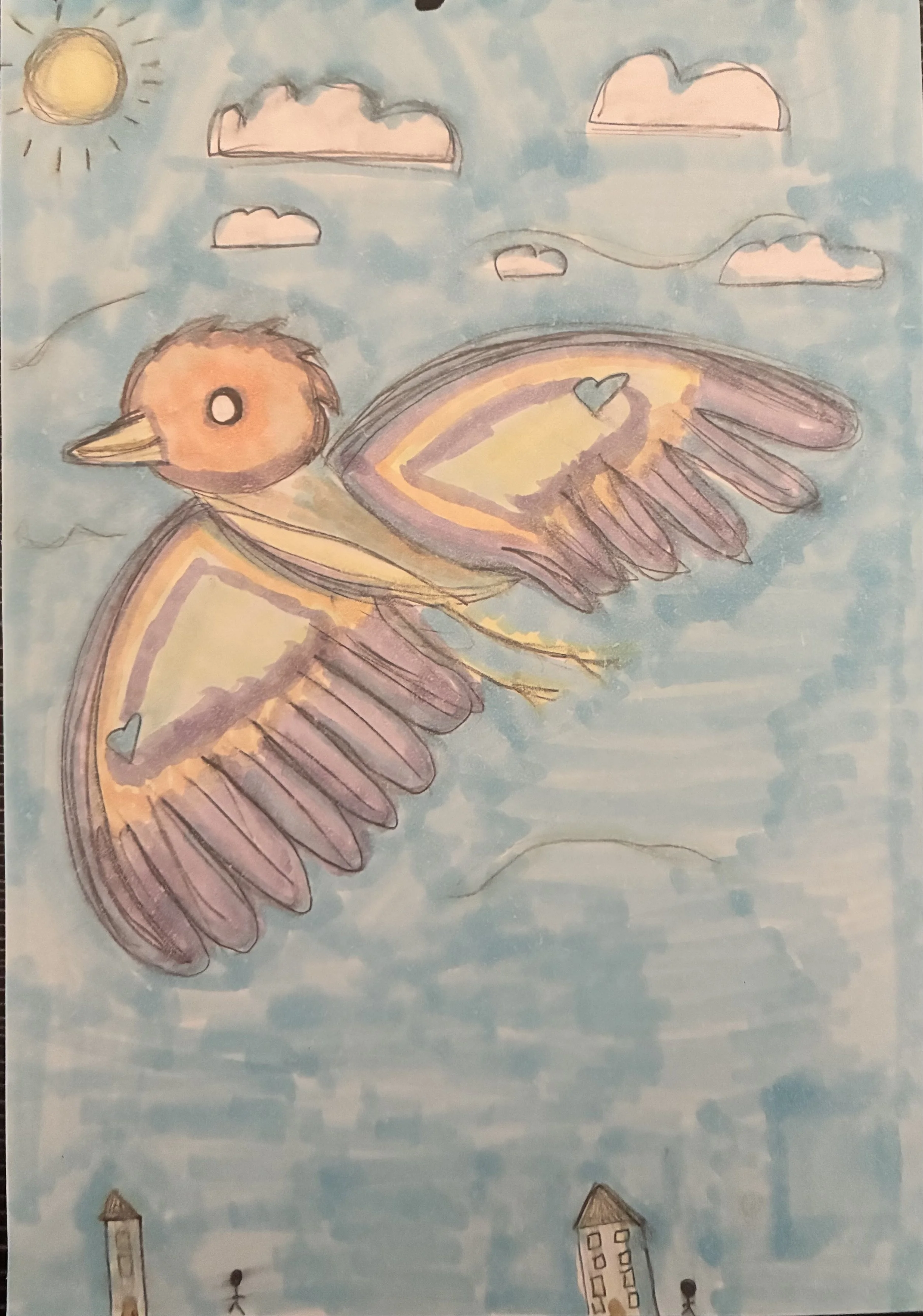 A child's drawing depicting the sun shining in the sky with several clouds, two houses at the bottom, and a person standing near each house.