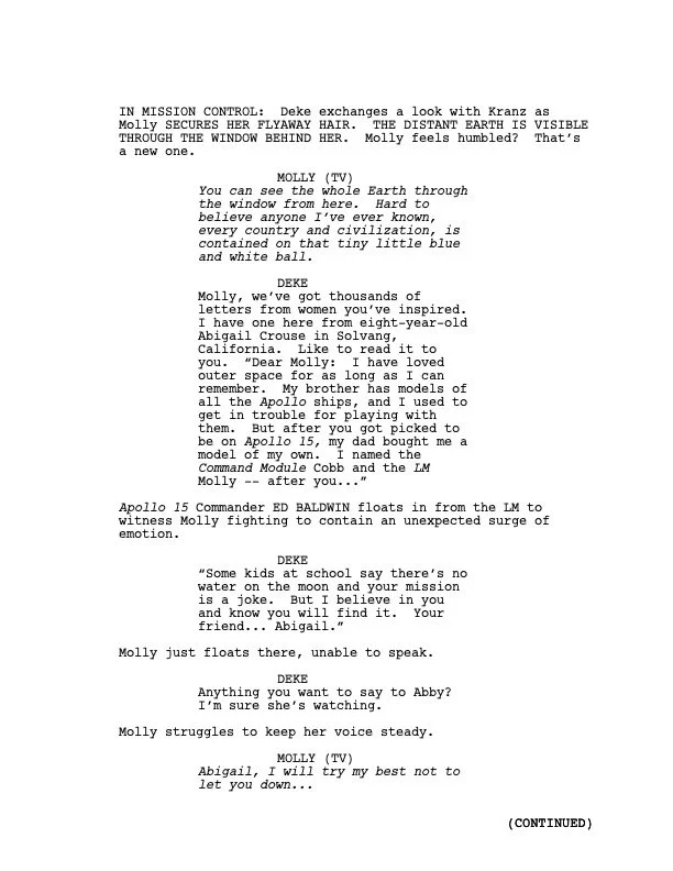 Page of a screenplay with dialogue between characters Molly and Deike, discussing space and Apollo 15, with references to the Moon and space exploration.