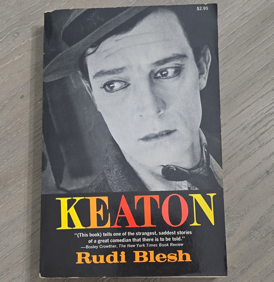 Black and white cover of a book titled 'Keaton' by Rudi Blesh, featuring a portrait of a woman with short hair and a hat, with a quote from Bosley Crowther, a film critic.
