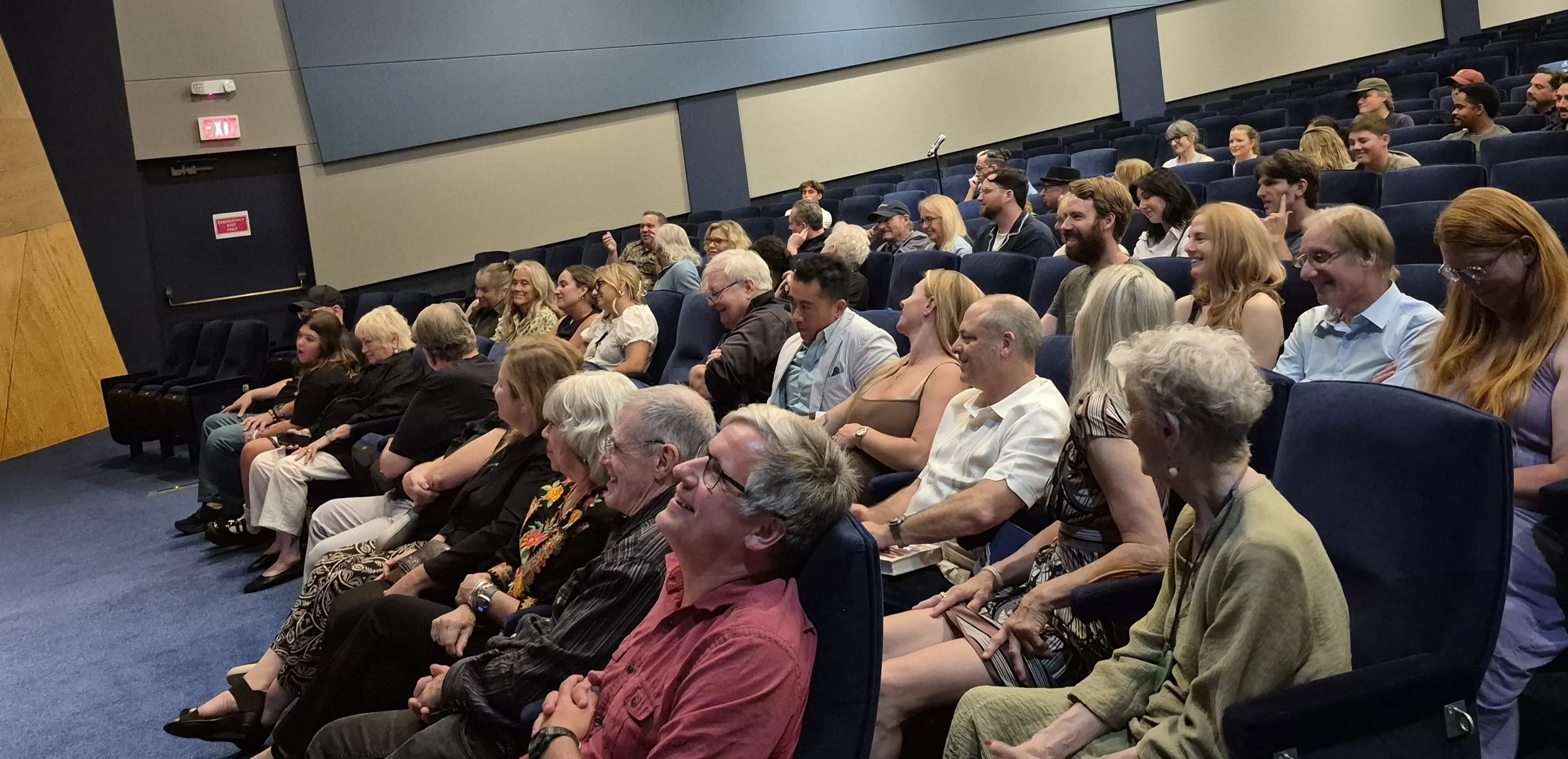 Audience seated in a theater or auditorium, watching a performance or presentation, smiling and engaging with the event.