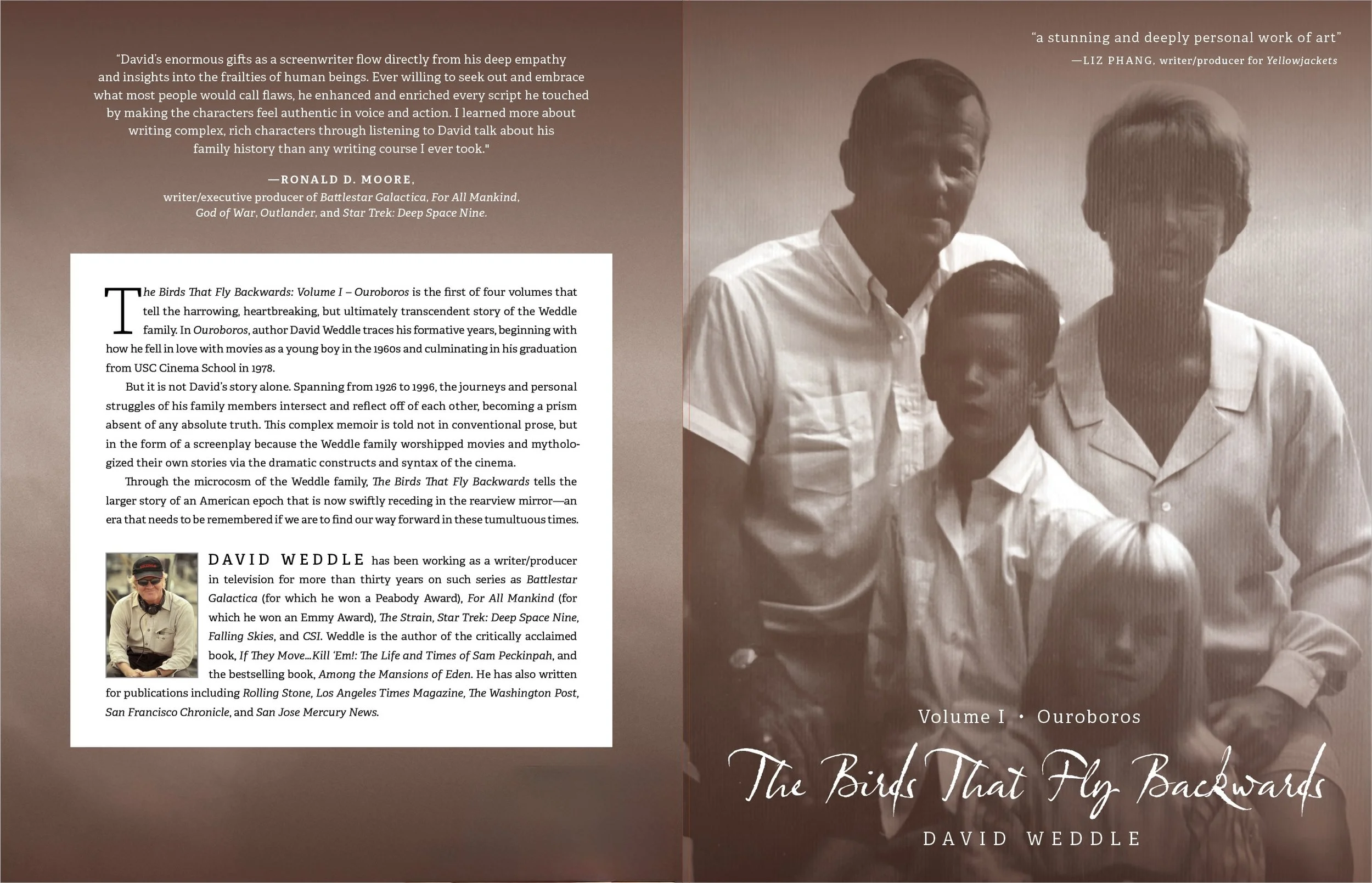 A book cover featuring a sepia-toned photograph of three people, two men and one woman, sitting together and smiling. The right side has text about the book titled "The Birds That Fly Backwards" by David Weddle, with quotes and a brief biography of the author.