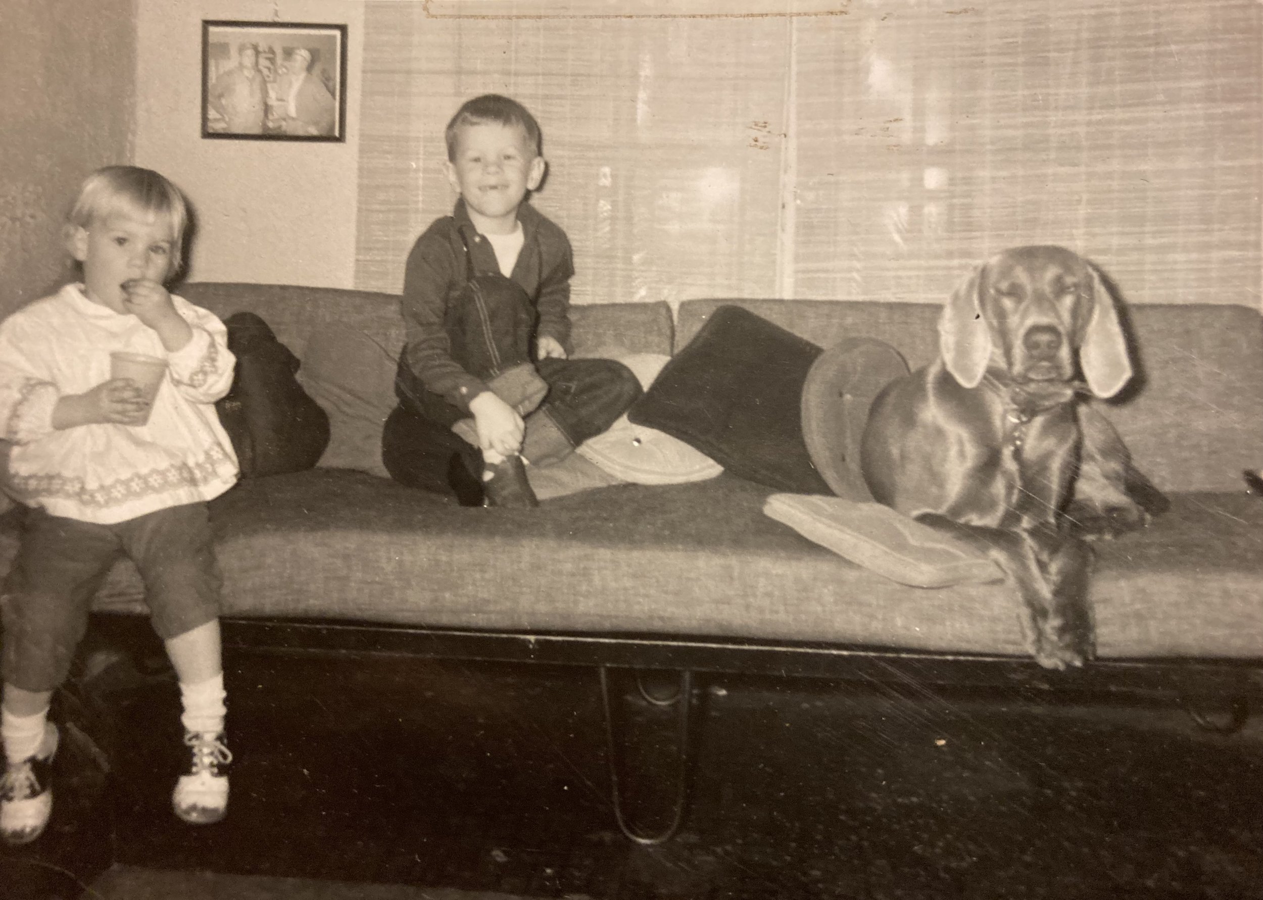 A vintage black-and-white photo of three young children and a dog sitting on a couch in a living room. A framed picture hangs on the wall behind them.