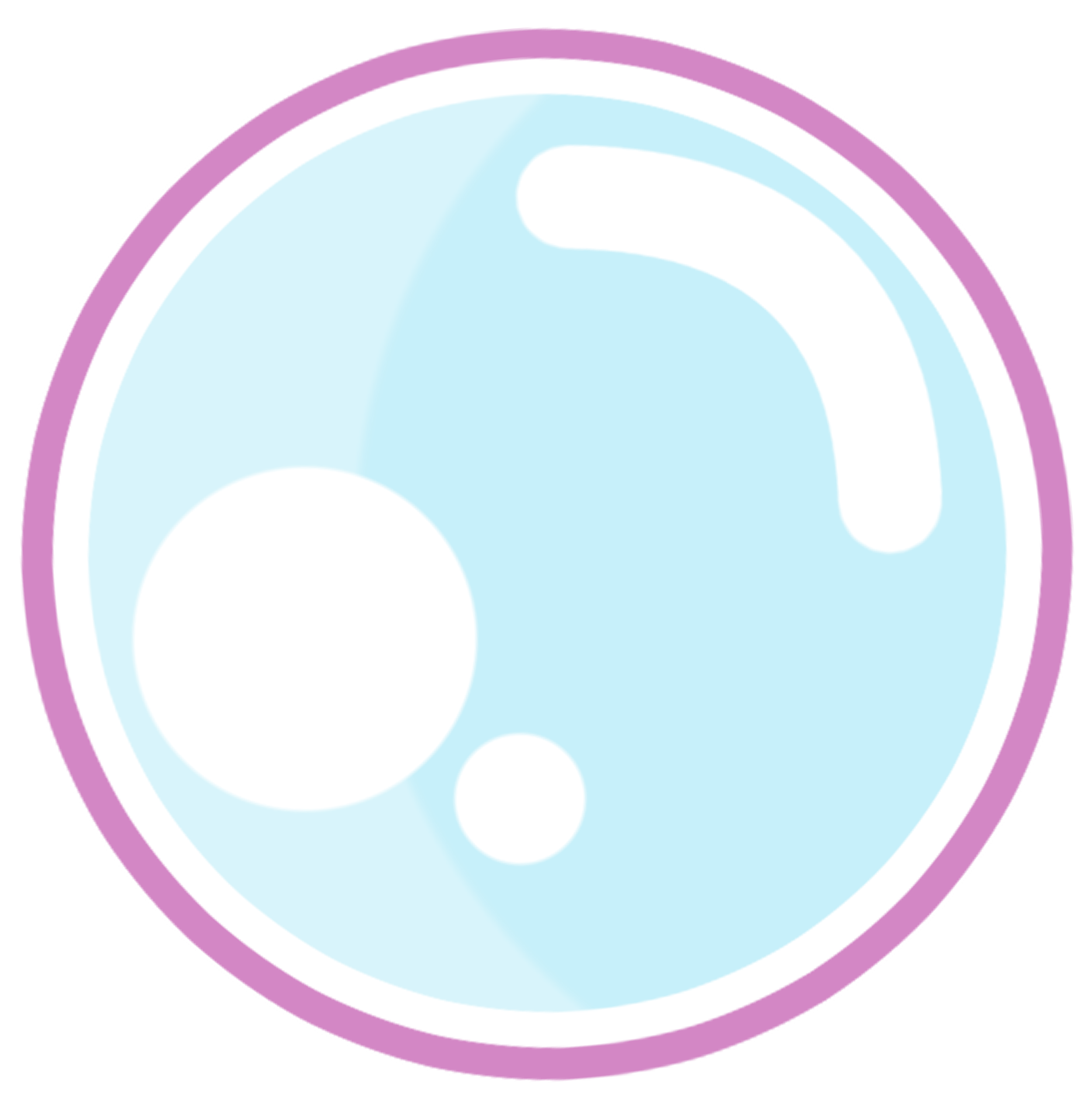 An illustration of a bubble with a blue center, white and purple layers.