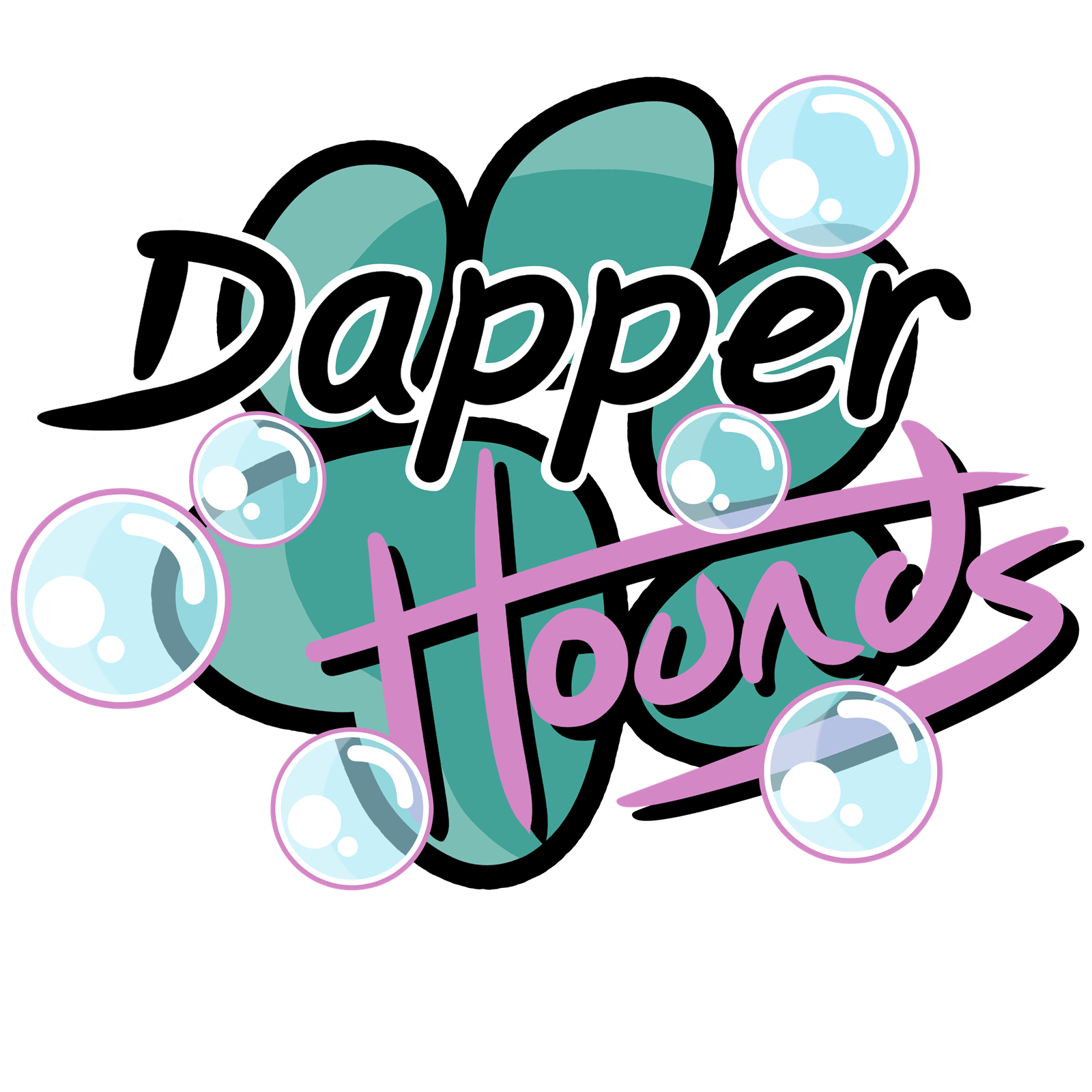 Colorful graphic with bubbles, dark background, and the phrase 'Dapper Hounds' written in stylish black, purple, and pink text.