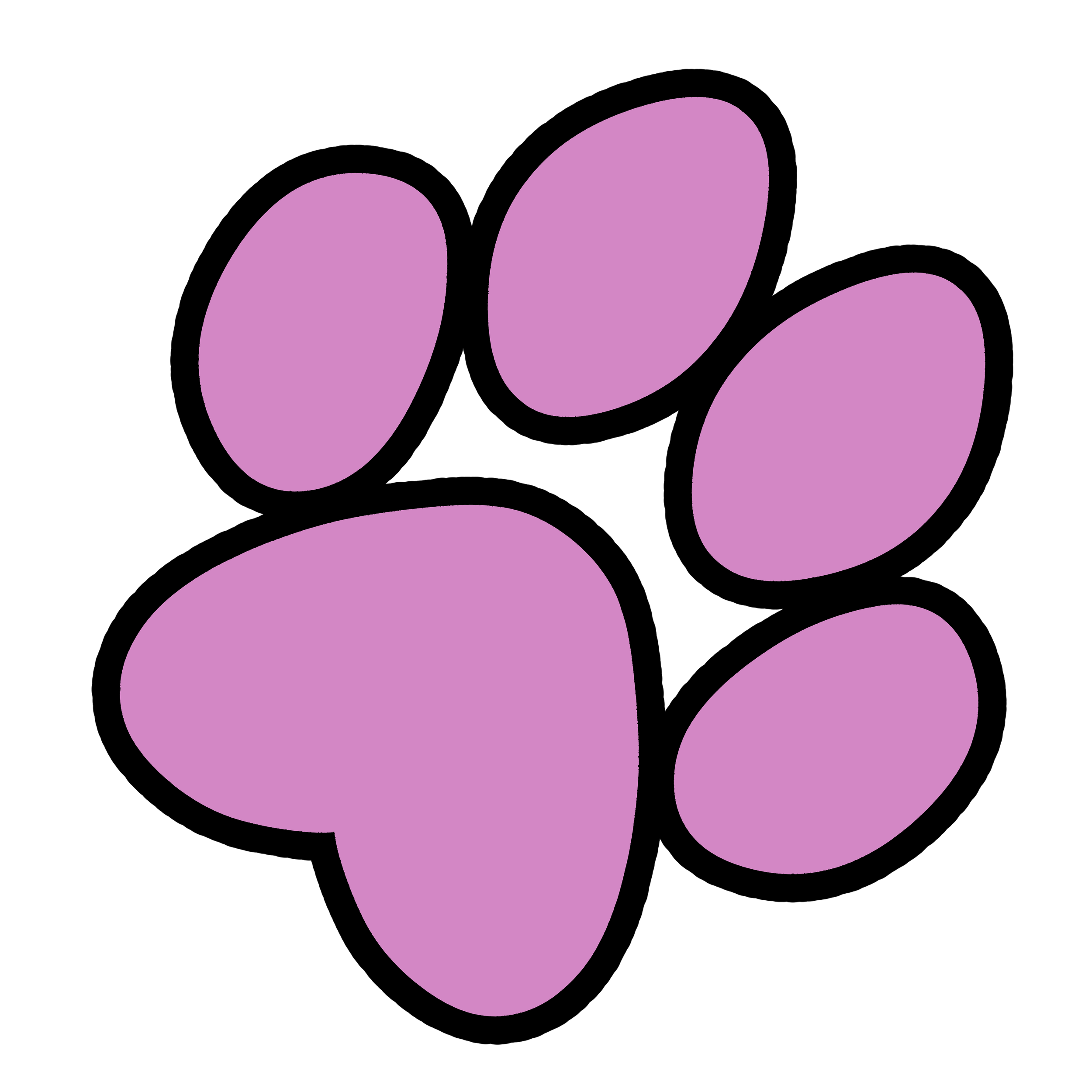 An artistic representation of a dog's paw made of pink bubbles outlined in black.