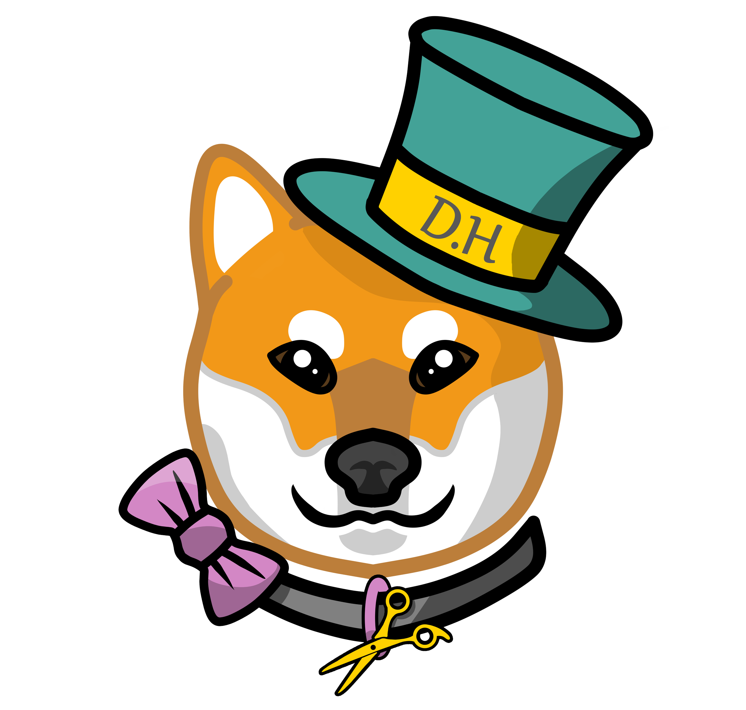 Cartoon illustration of a cute dog with a graduation cap marked 'D.H.', holding a pink toy and a yellow paper trimmer.
