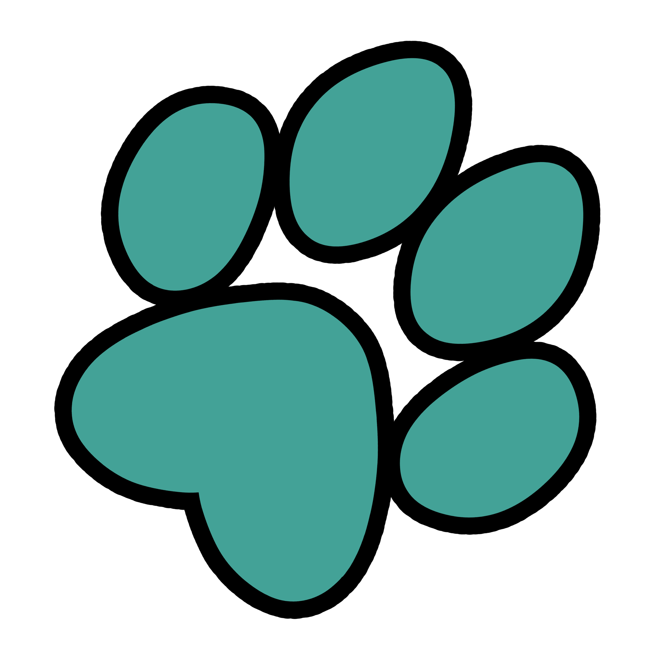 An artistic representation of a dog's paw made of teal bubbles outlined in black.