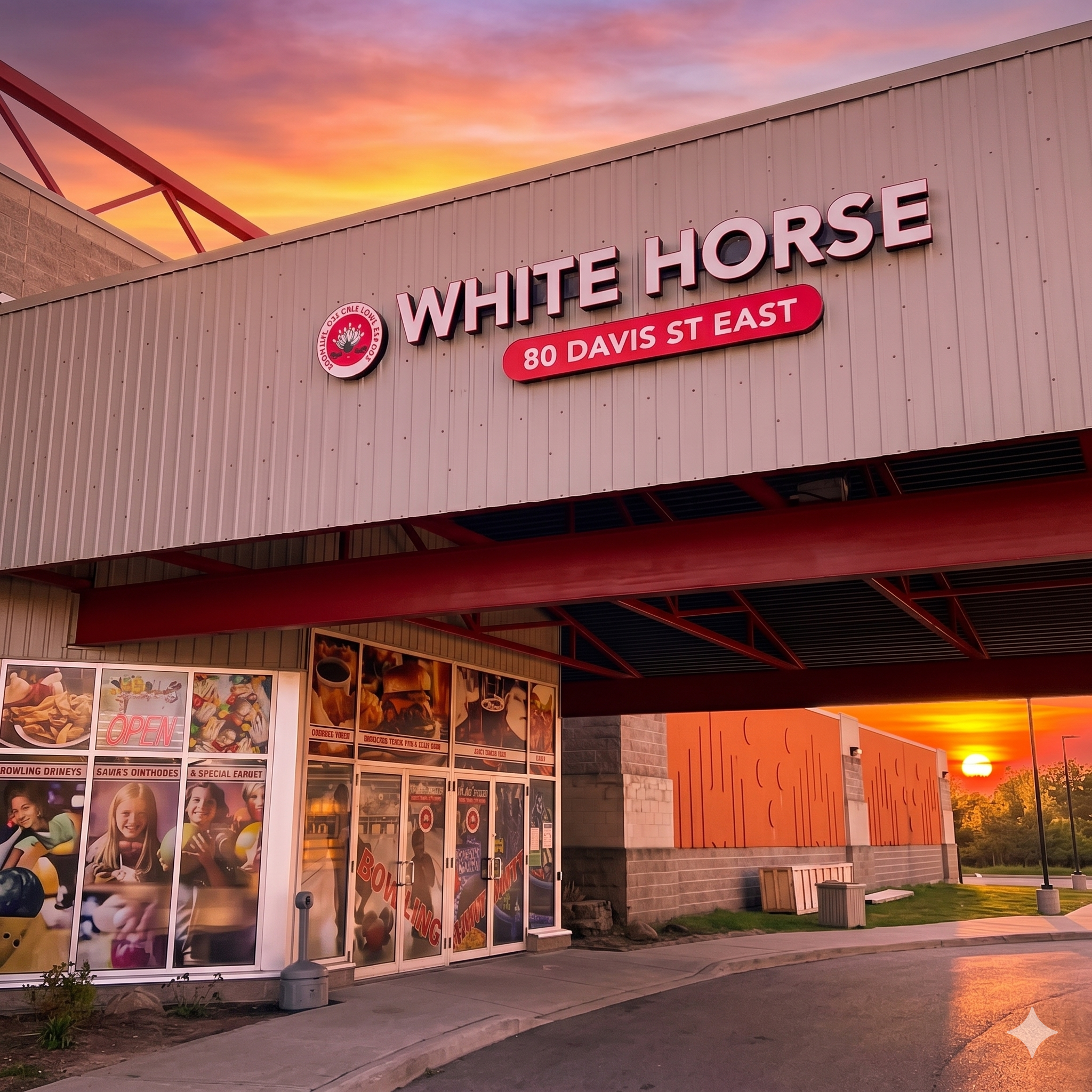 Front of a building at sunset with signs for White Horse and a menu window displaying images of food, with a colorful sky in the background.