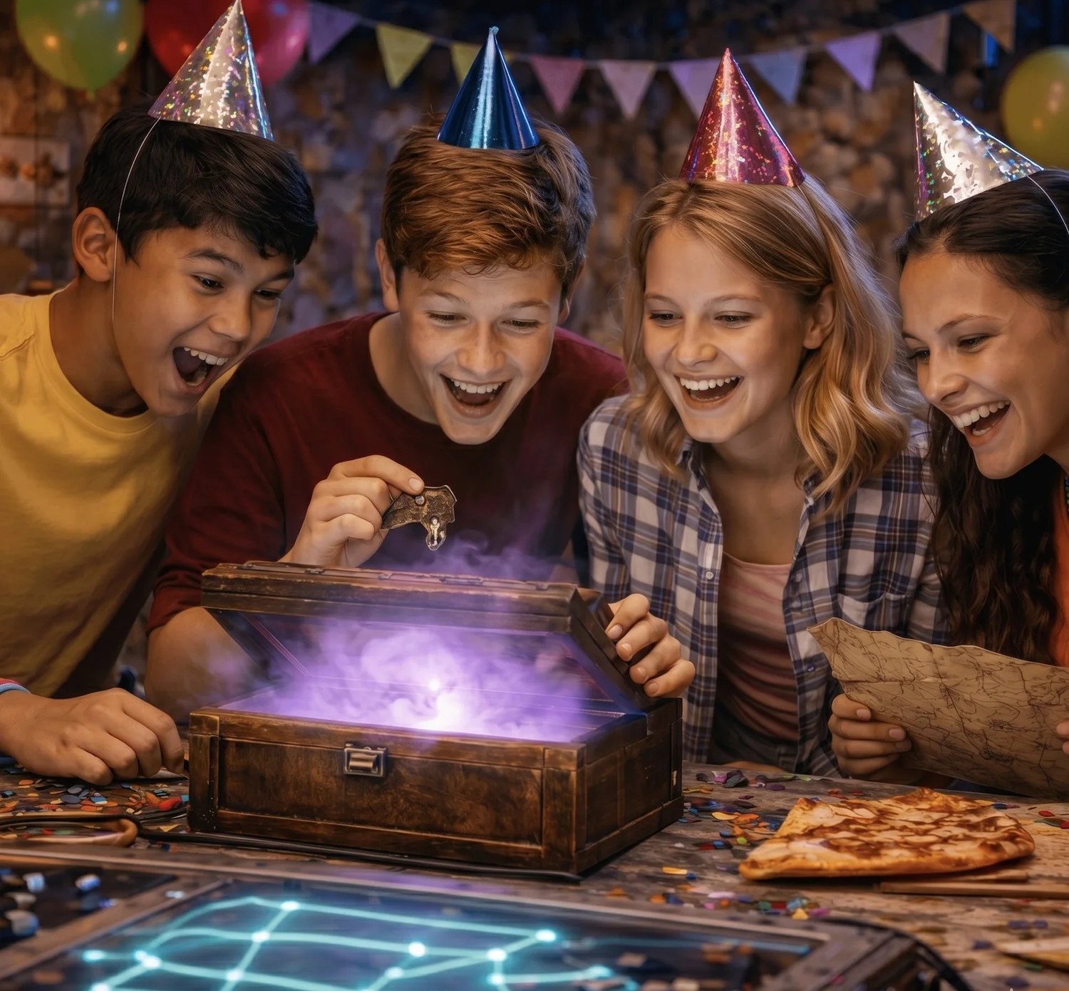 Children in party hats gathered around a glowing treasure chest.
