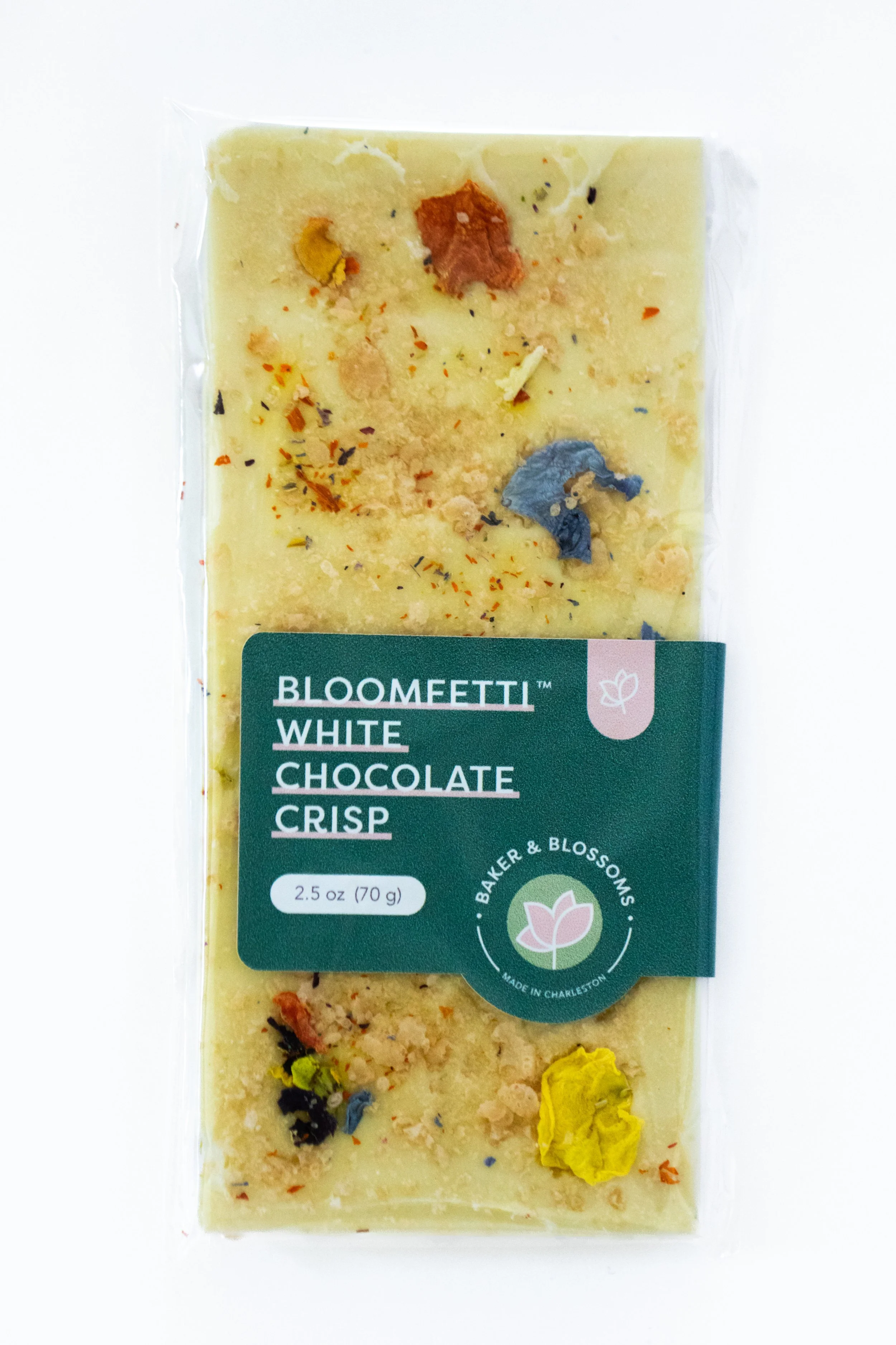 Edible flower infused white chocolate bars by Charleston pastry studio—available for wholesale to local shops and gourmet retailers