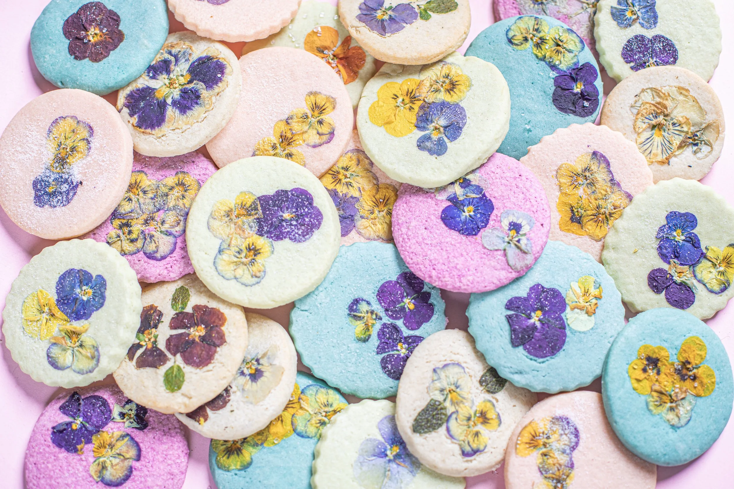 Artisanal flower pressed cookies from Charleston pastry studio—perfect for weddings, bridal showers, private events, and local corporate gifting