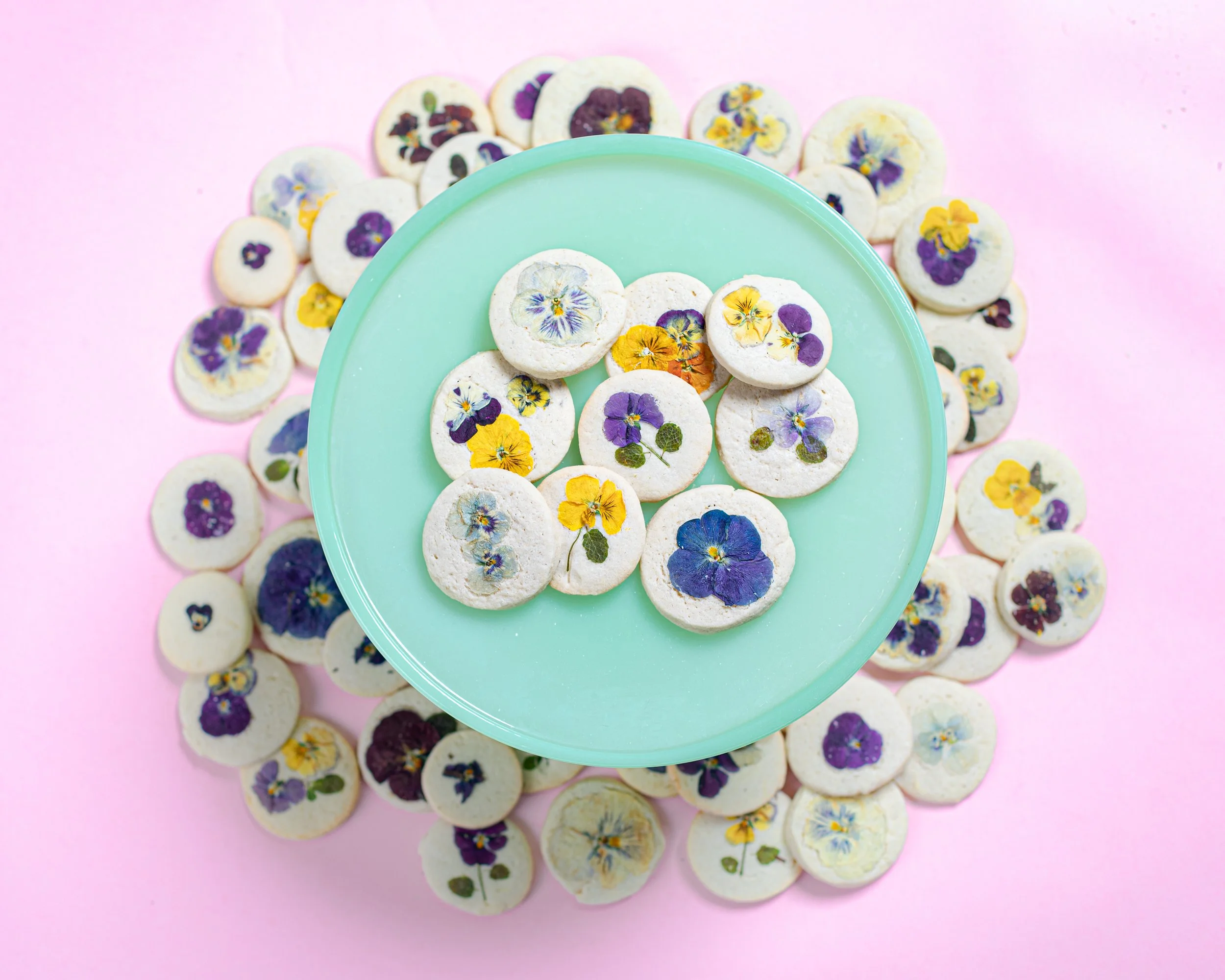 Artisanal flower pressed cookies from Charleston pastry studio—perfect for weddings, bridal showers, private events, and local corporate gifting