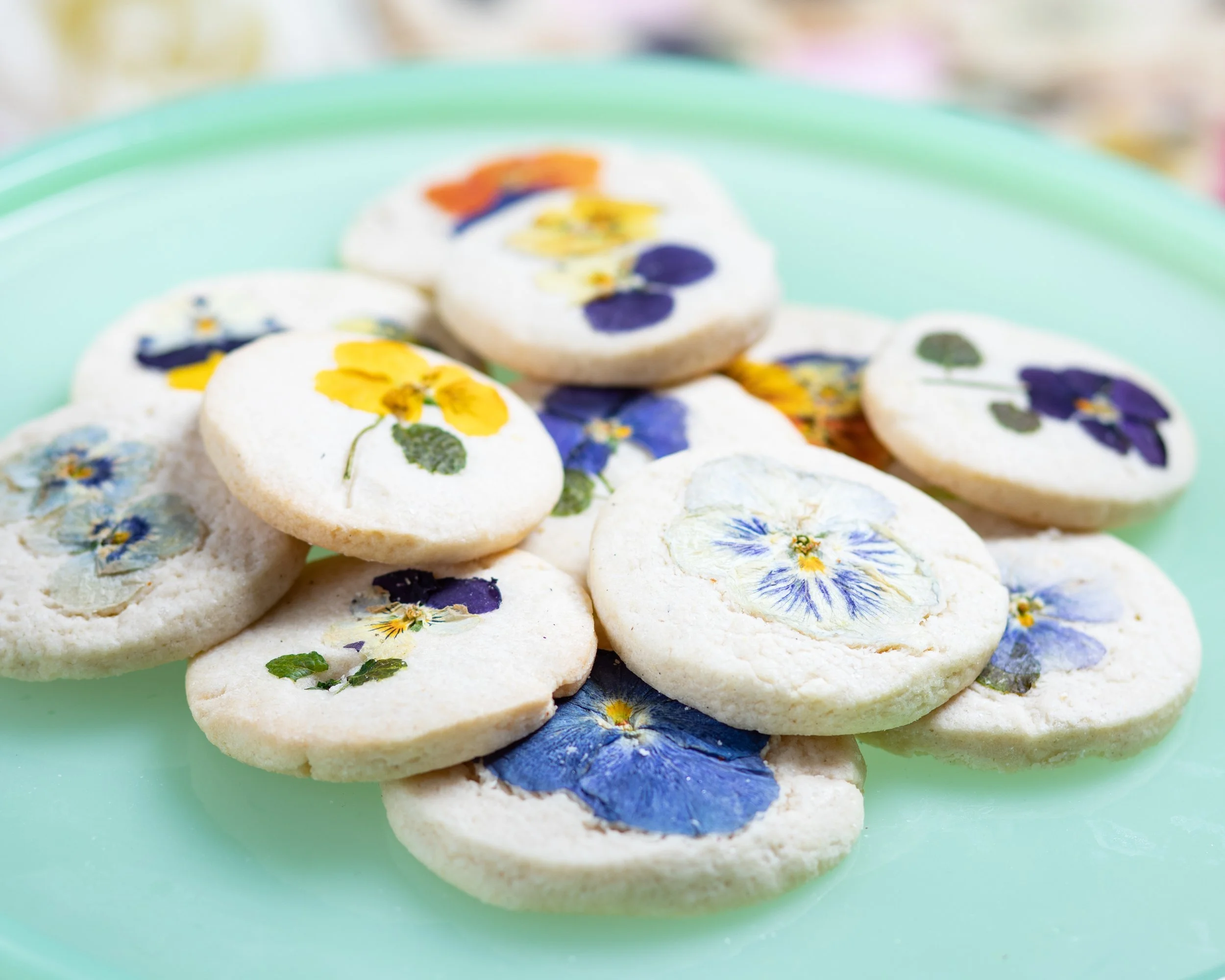 Artisanal flower pressed cookies from Charleston pastry studio—perfect for weddings, bridal showers, private events, and local corporate gifting