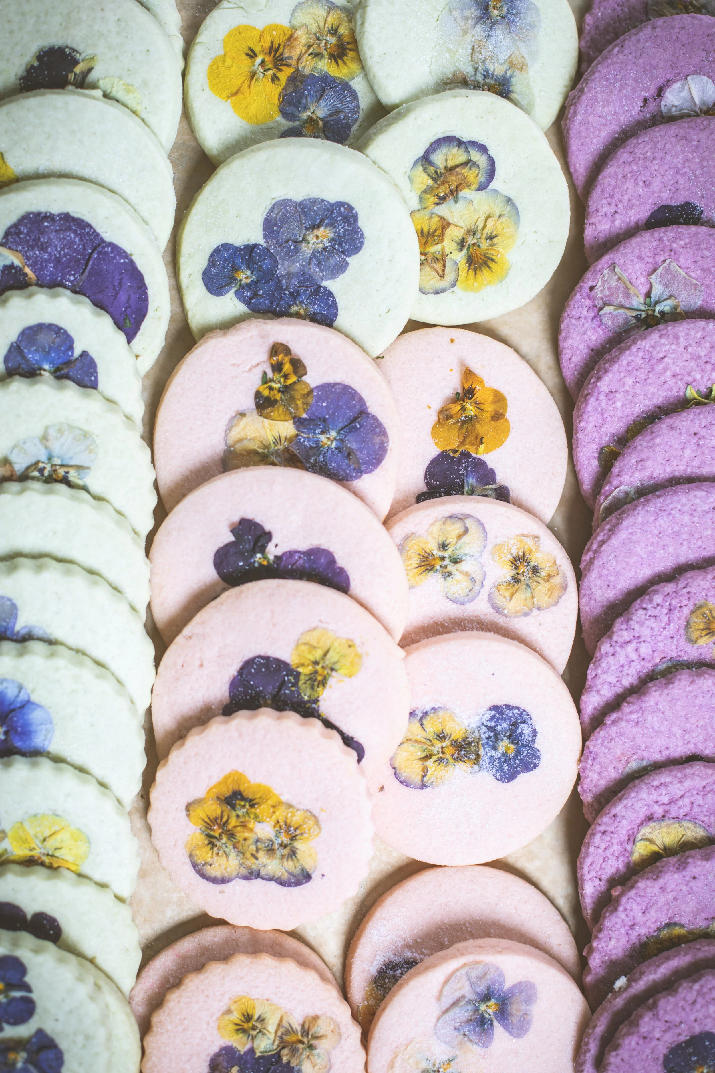 Artisanal flower pressed cookies from Charleston pastry studio—perfect for weddings, bridal showers, private events, and local corporate gifting