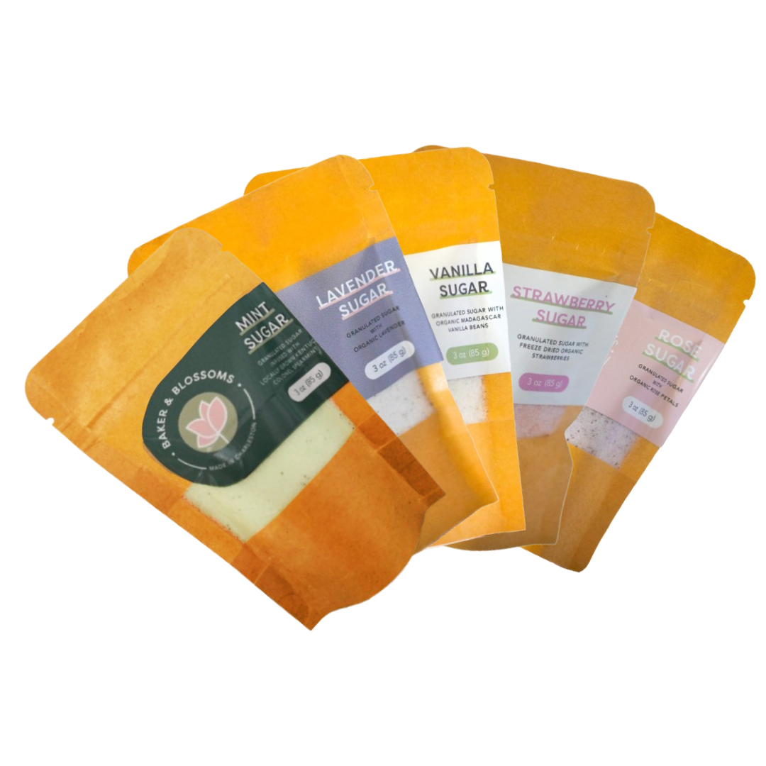 Wholesale botanical infused sugars perfect for baking, cocktails and so much more. Current flavors are mint, lavender, vanilla, rose and strawberry.