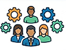 Illustration of a diverse group of people with gear icons above their heads, representing teamwork or collaboration.