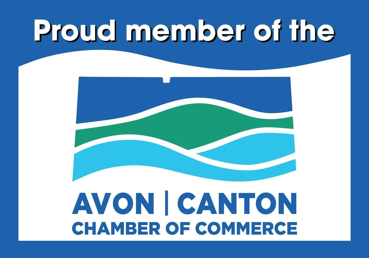 Logo for Avon Canton Chamber of Commerce with a stylized landscape and the text 'Proud member of the Avon | Canton Chamber of Commerce'.