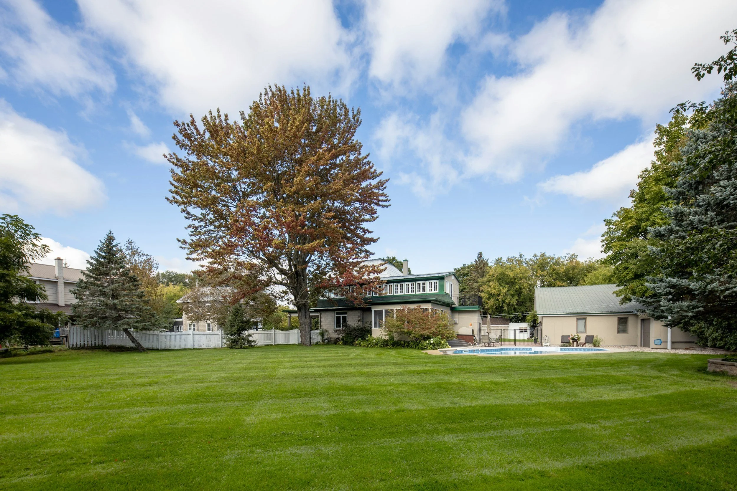 Backyard with green grass, large trees, a patio, a swimming pool, and houses in the background under a partly cloudy sky.