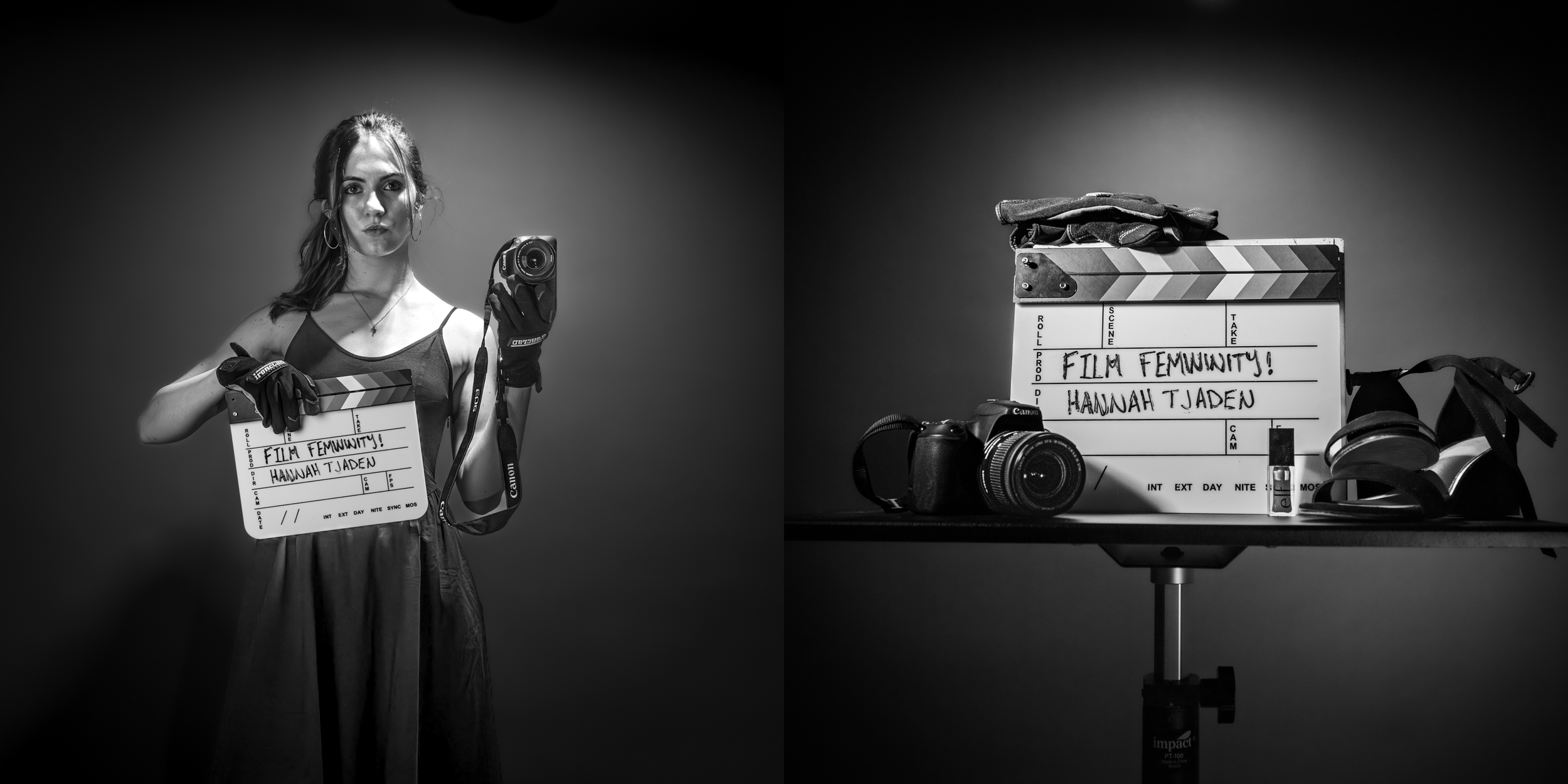 A woman holding a film slate with the words 'Film Femwity! Hannah Tjaden' written on it, standing next to a table with a camera, another film slate, and filmmaking accessories.