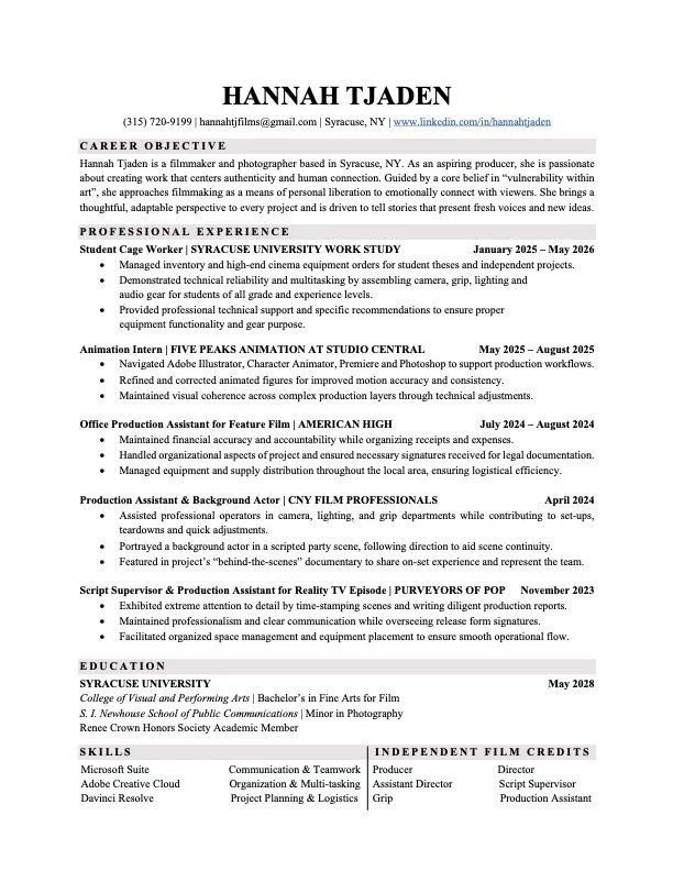 A resume belonging to Hannah Tjaden, a filmmaker and photographer from Syracuse, NY. It details her career objectives, professional experience, education, skills, and film credits.
