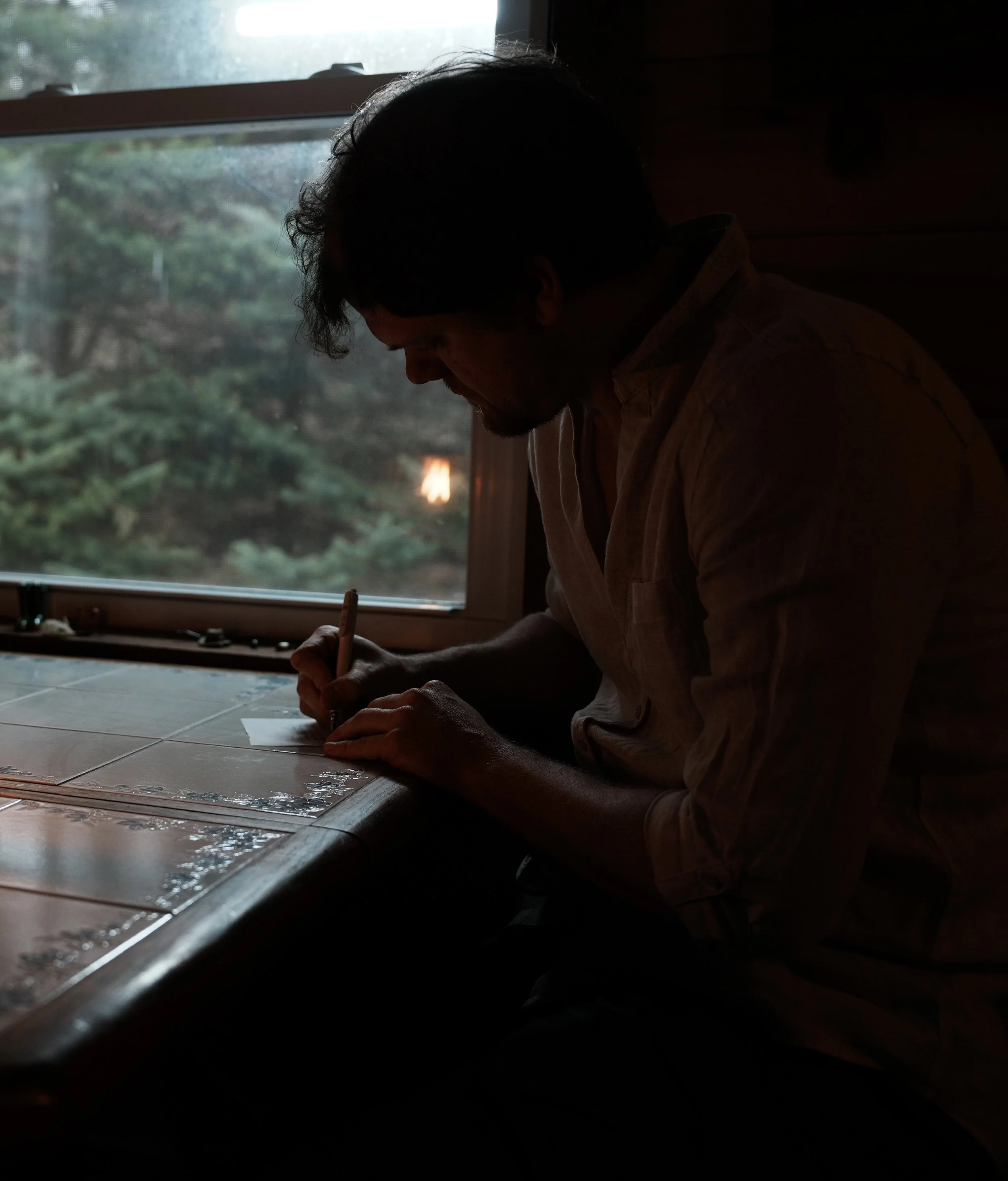 A person with dark hair and a beard, wearing a light-colored shirt, appears to be focused on writing or drawing on a surface near a window, with trees visible outside and a lamp reflected in the window.