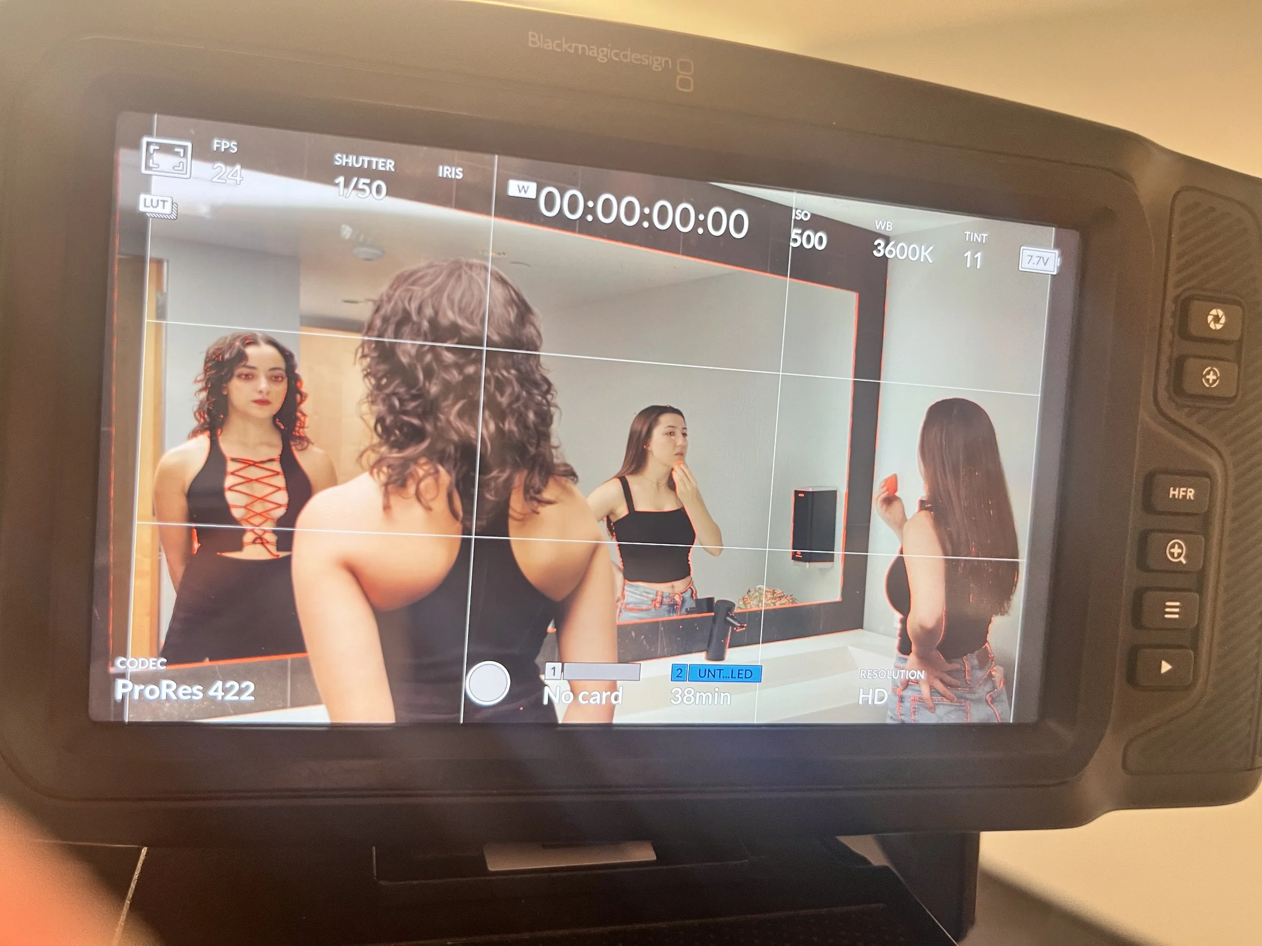 Photograph of camera screen showing a group of women in confidence-level poses, wearing black outfits with red accents, in an indoor setting with a beige wall. The image appears to be a selfie or a shot taken by one of the women.