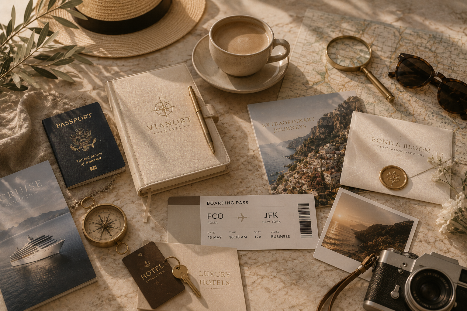 Travel essentials laid out on a table including a passport, travel journal, boarding pass, photographs, a camera, sunglasses, a map, a magnifying glass, a cup of coffee, a hat, and decorative flowers.