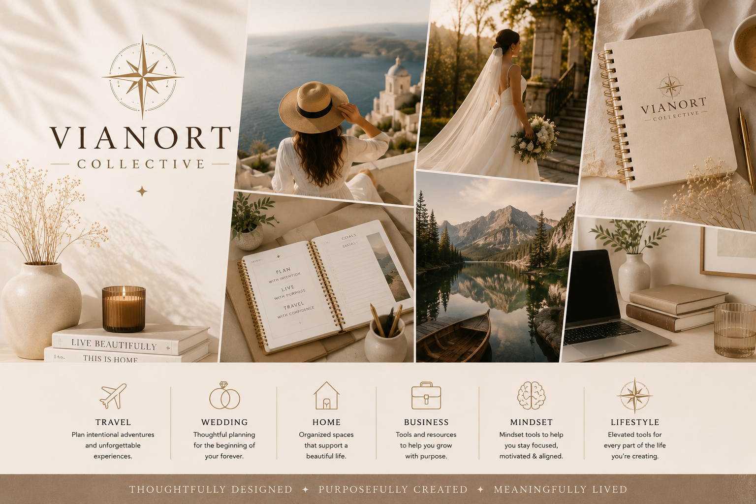 Collage of images for Vianort Collective, including a woman with a hat overlooking a coastal view, a bride with a bouquet, a planner with notes, serene nature scenes with mountains, lake, and boat, and a desk with a laptop, books, and flowers.