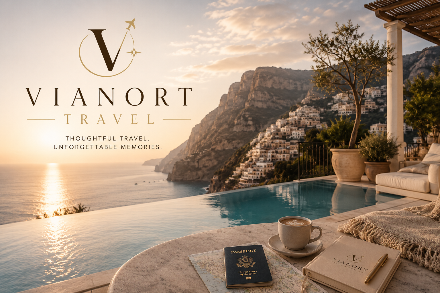 A luxurious outdoor scene with an infinity pool overlooking a coastal village with white buildings on a hillside, during sunset. The foreground features a table with a coffee cup, a passport, a travel journal labeled 'Vianort', a map, and a pen. Potted plants and a cushioned seating area are visible on the right.