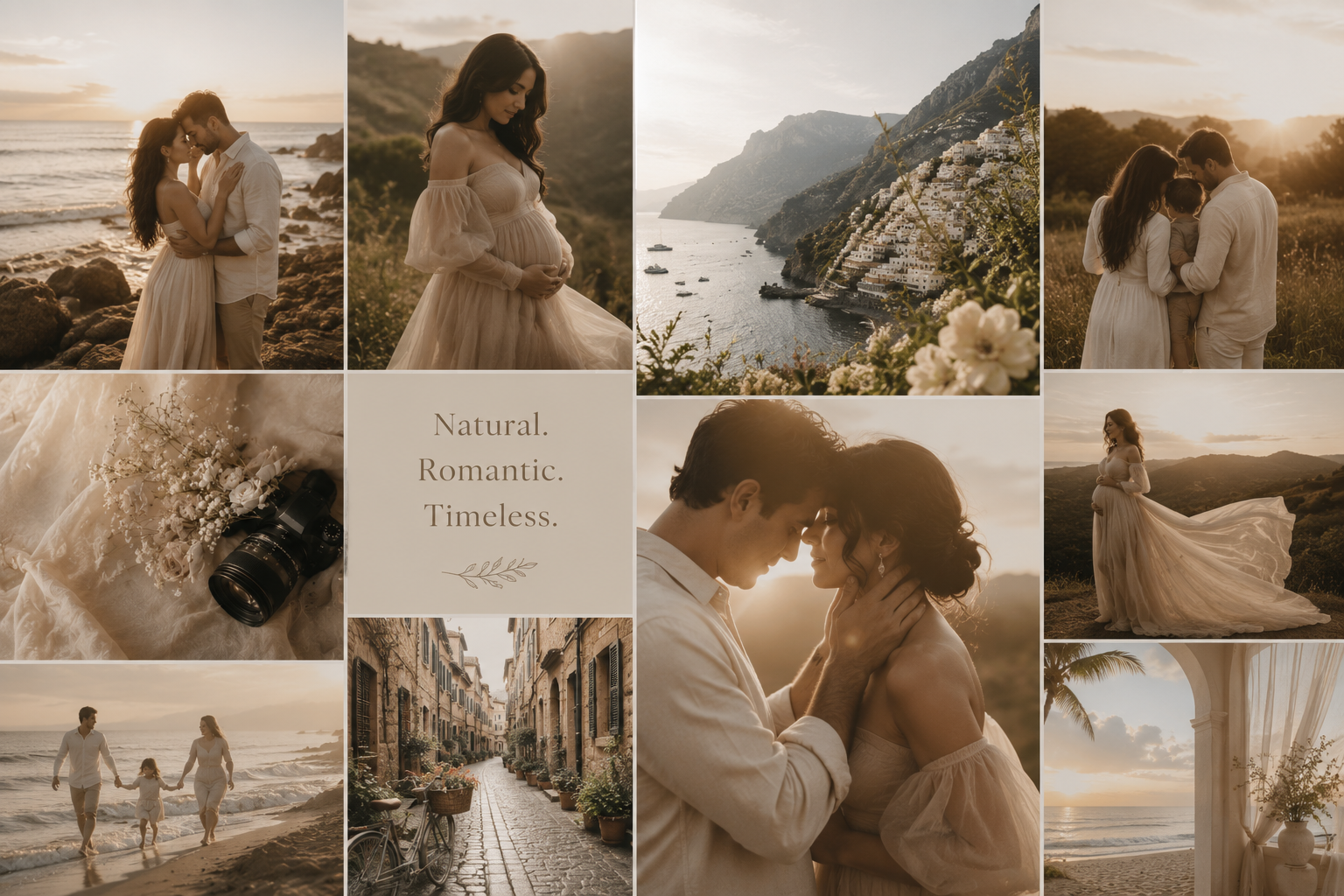 Collection of romantic and natural scenes featuring a pregnant woman, a couple, and scenic landscapes, with soft sunset lighting and floral details.