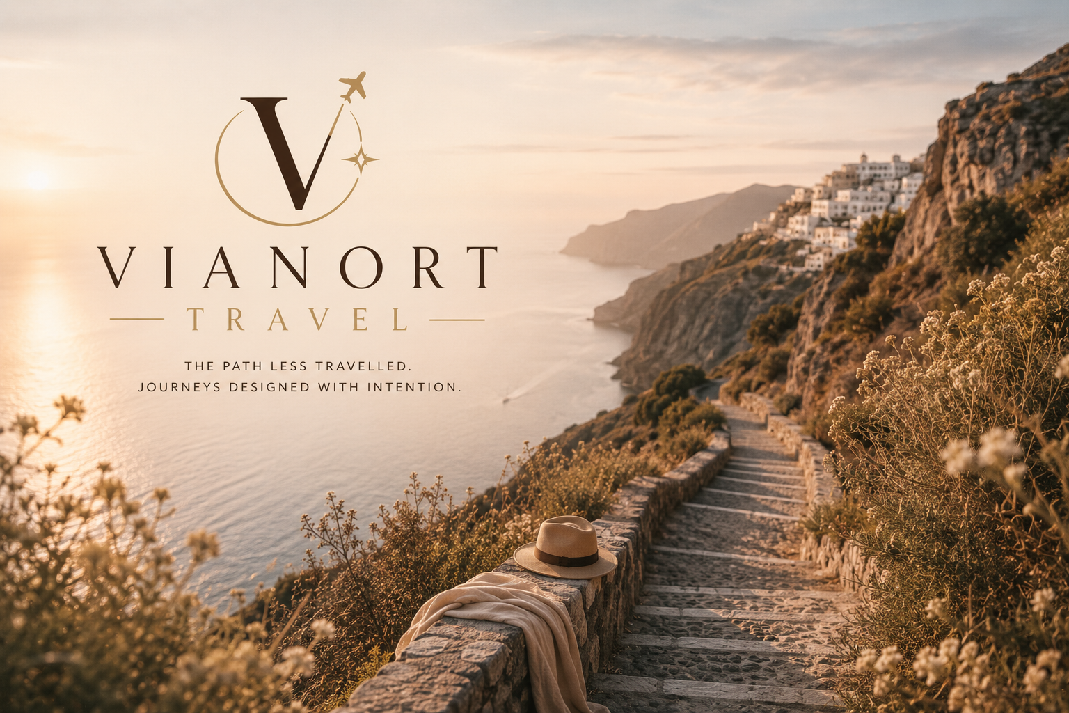 A scenic coastal pathway at sunset with a hat and a scarf draped over a stone wall, overlooking white buildings perched on cliffs and the ocean.