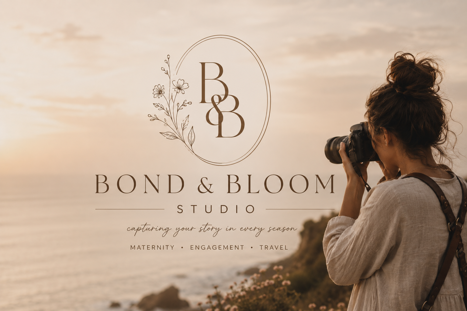 Photo of a woman taking a picture with a camera by a scenic coast at sunset, overlaid with the logo and branding for Bond & Bloom Studio, featuring floral design and text about maternity, engagement, and travel photography services.