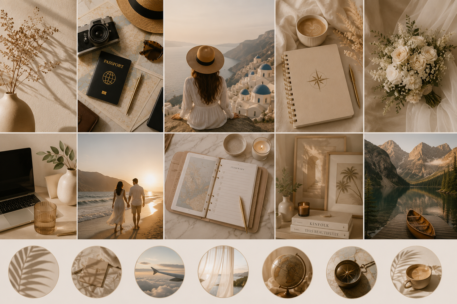 A collage of travel and relaxation scenes featuring white flowers, a camera, a passport, sunglasses, a woman sitting on a rocky ledge overlooking a Greek island, a notebook and coffee cup, a bouquet of white roses, a laptop with a vase, a couple walking on the beach during sunset, a travel journal with a map and candle, framed pictures with palm tree designs, a mountain lake and canoe, and icons of leaves, a book, an airplane, curtains, a globe, a compass, and a coffee cup.