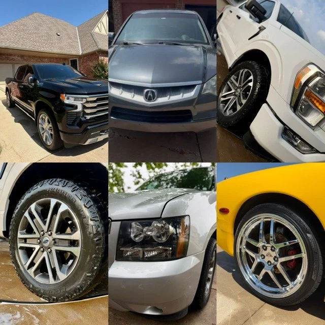 Collage of six different cars including black SUV, gray sedan, white pickup truck, close-up of tire and wheel, silver sedan, and yellow sports car with chrome wheel.