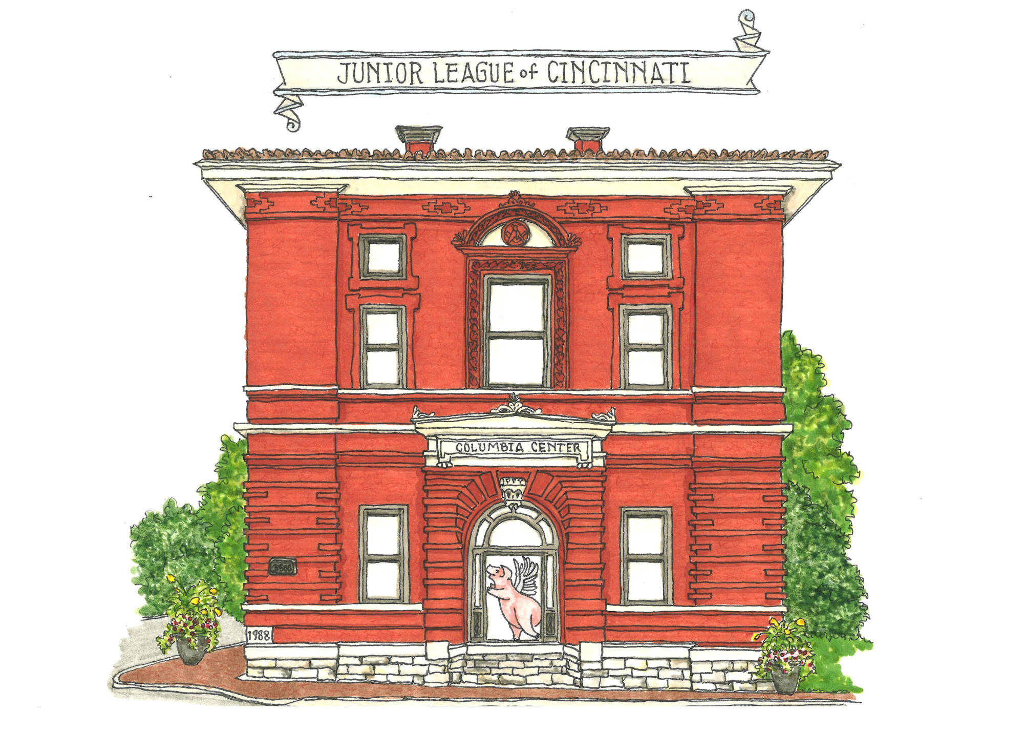 A detailed watercolor illustration of a red brick building labeled 'Columbia Center' with a unicorn statue on its entrance door, surrounded by greenery and colorful plants, with a banner reading 'Junior League of Cincinnati' at the top.