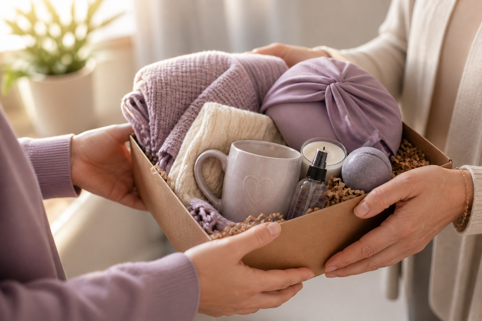 Two people exchanging a gift box filled with cozy items such as blankets, a mug, scented candle, bath bomb, and spa spray.