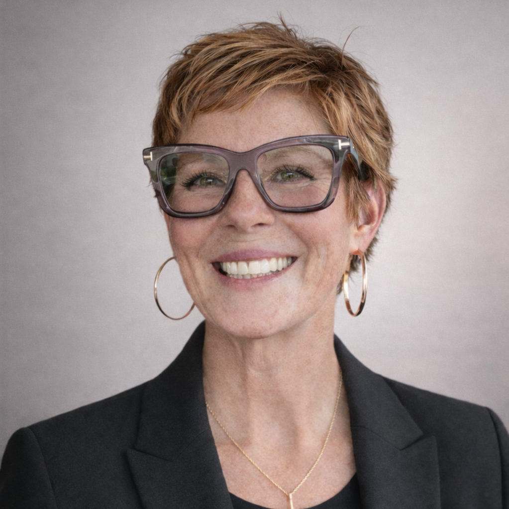 A woman with short red hair and glasses, smiling, wearing hoop earrings, a black blazer, and a delicate gold necklace.