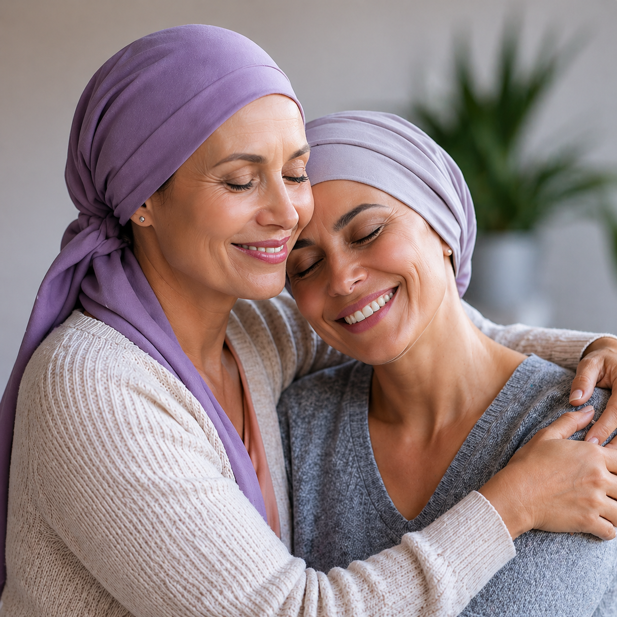 Two women wearing headscarves hugging and smiling with eyes closed.
