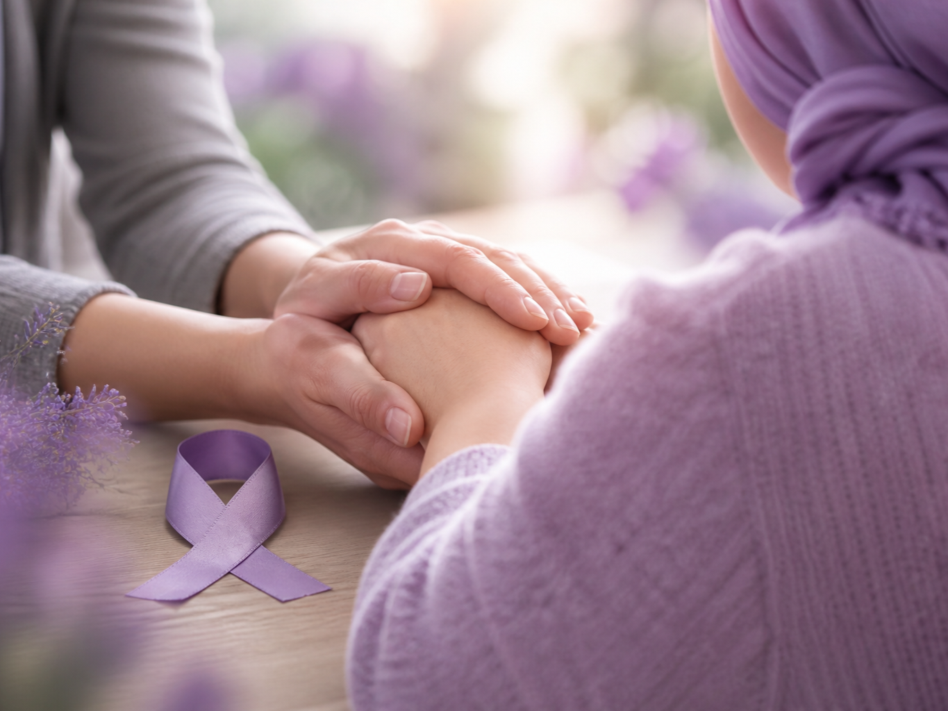 Two people holding hands with one person supporting the other's hand on a wooden table, a purple ribbon placed nearby, and purple flowers in the background, symbolizing breast cancer awareness.