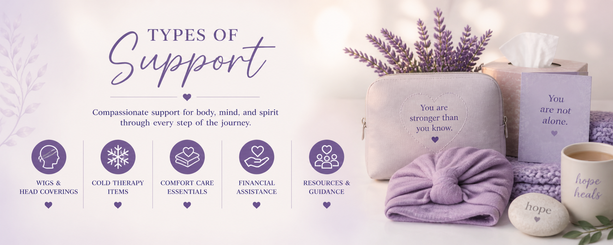 A support-themed display with purple and white items, including a lavender sprig, a pouch with a heart message, a folded purple headband, a tissue box, a mug with hope heals message, a stone with hope engraved, and a card that says you are not alone. The background features soft purple and white colors with supportive messages about body, mind, and spirit.