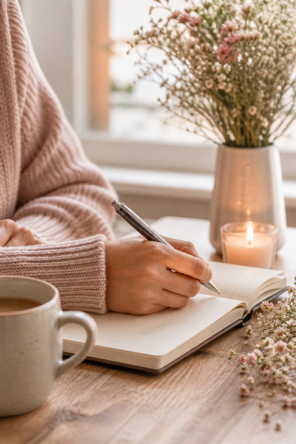 A person in a pink knitted sweater writes in a notebook at a wooden table with a coffee cup, a lit candle, a vase of pink and white flowers, and some small flowers scattered on the table.