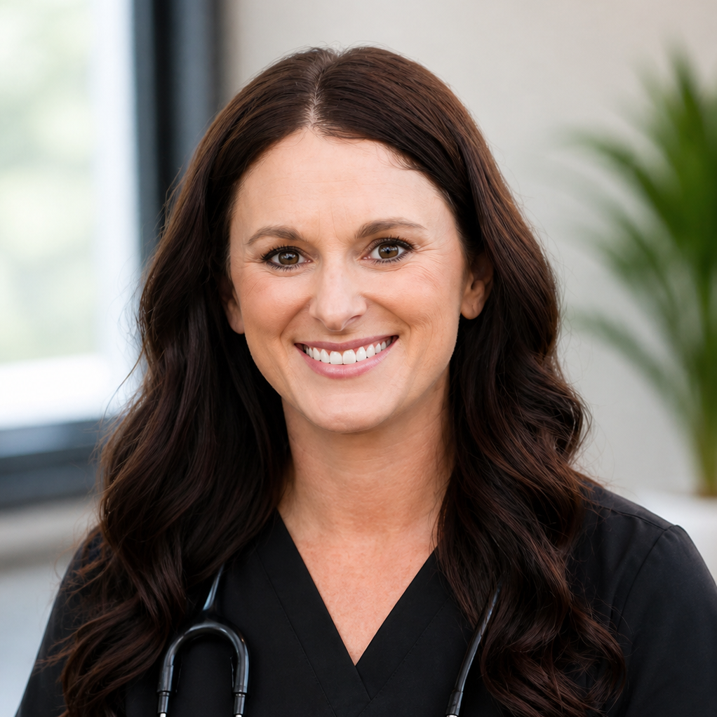 A smiling female healthcare professional with long, dark hair, wearing a black medical uniform with a stethoscope around her neck, in a clinical setting.