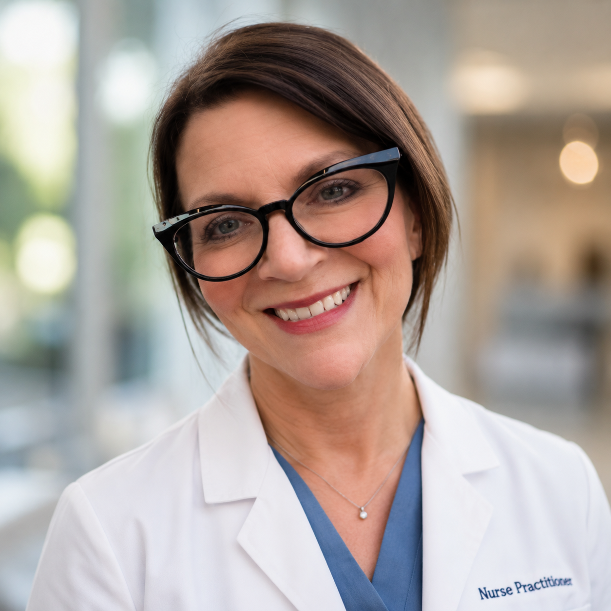 Smiling female nurse practitioner wearing glasses and a white coat in a hospital or clinic setting.