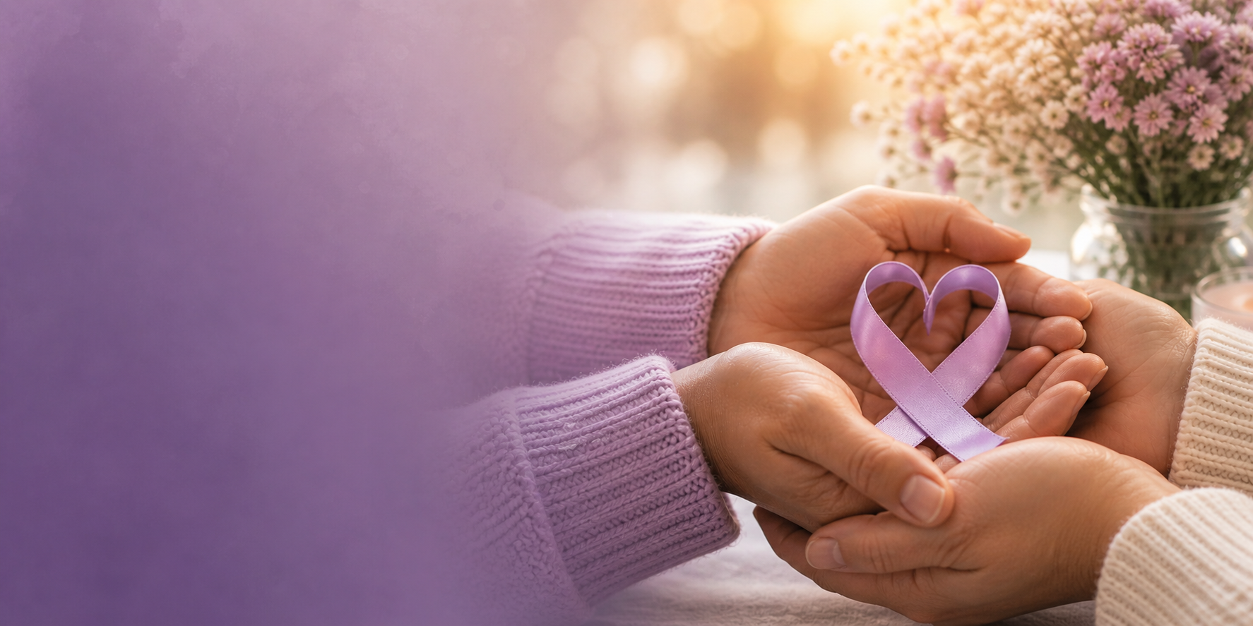 Two hands gently holding a purple awareness ribbon shaped like a heart, with a background of pink flowers and soft sunlight.