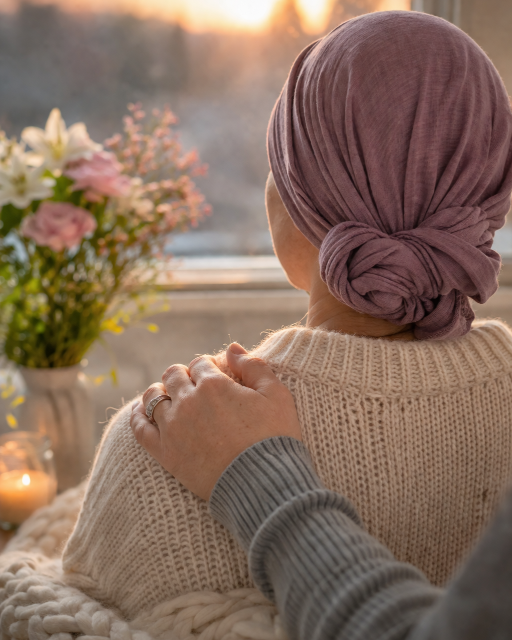 A woman wearing a pink headscarf looking out a window at sunset, with a person placing a hand on her shoulder, in a cozy, warmly lit room with flowers and a candle.