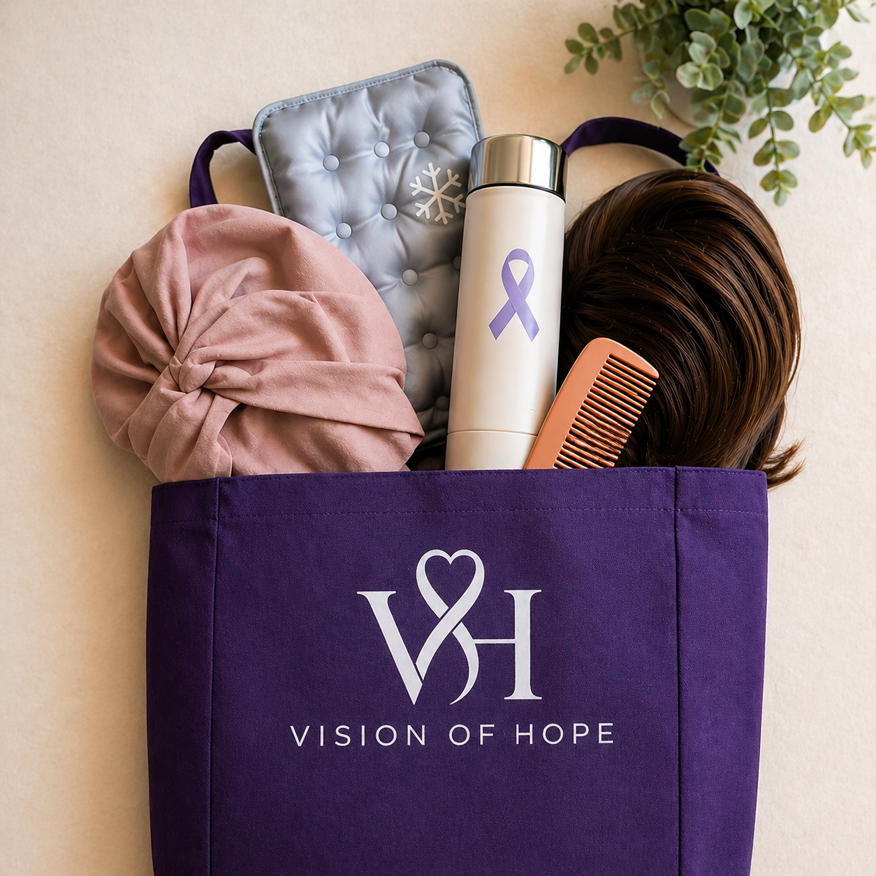 A purple tote bag with the words "Vision of Hope" and a logo containing a heart and ribbon, filled with personal care items including a pink headwrap, a gray quilted pad with a snowflake symbol, a white insulated bottle with a purple ribbon, an orange comb, a brown hair wig or head of hair, and a green plant in the background.